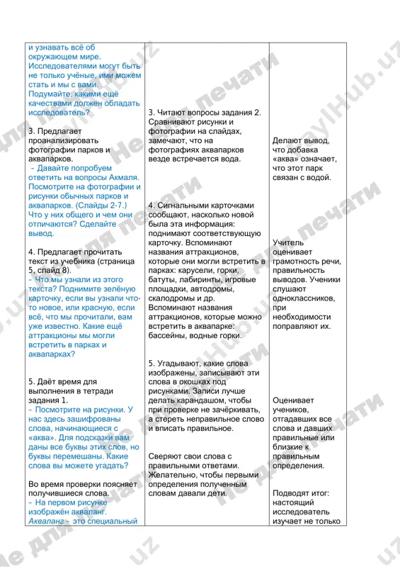 terpeliviy, lyuboznatelniy, chitayushiy, logicheski mislyashiy i t.d. zadayot navodyashie voprosi, pooshryaet detey, provodit obsujdenie i slushaet mnenie detey, dayot polojitelnuyu otsenku skazannomu ili popravlyaet. i uznavat vsyo ob okrujayushem mire. issledovatelyami mogut bit ne tolko uchyonie, imi mojem stat i mi s vami. podumayte, kakimi eshyo kachestvami doljen obladat issledovatel? 3. predlagaet proanalizirovat fotografii parkov i akvaparkov. – davayte poprobuem otvetit na voprosi akmalya. posmotrite na fotografii i risunki obichnix parkov i akvaparkov. (slaydi 2-7.) chto u nix obshego i chem oni otlichayutsya? sdelayte vivod. 4. predlagaet prochitat tekst iz uchebnika (stranitsa 5, slayd 8). – chto mi uznali iz etogo teksta? podnimite zelyonuyu kartochku, esli vi uznali chto- to novoe, ili krasnuyu, esli vsyo, chto mi prochitali, vam uje izvestno. kakie eshyo attraktsioni mi mogli vstretit v parkax i akvaparkax? 5. dayot vremya dlya vipolneniya v tetradi zadaniya 1. – posmotrite na risunki. u nas zdes zashifrovani slova, nachinayushiesya …