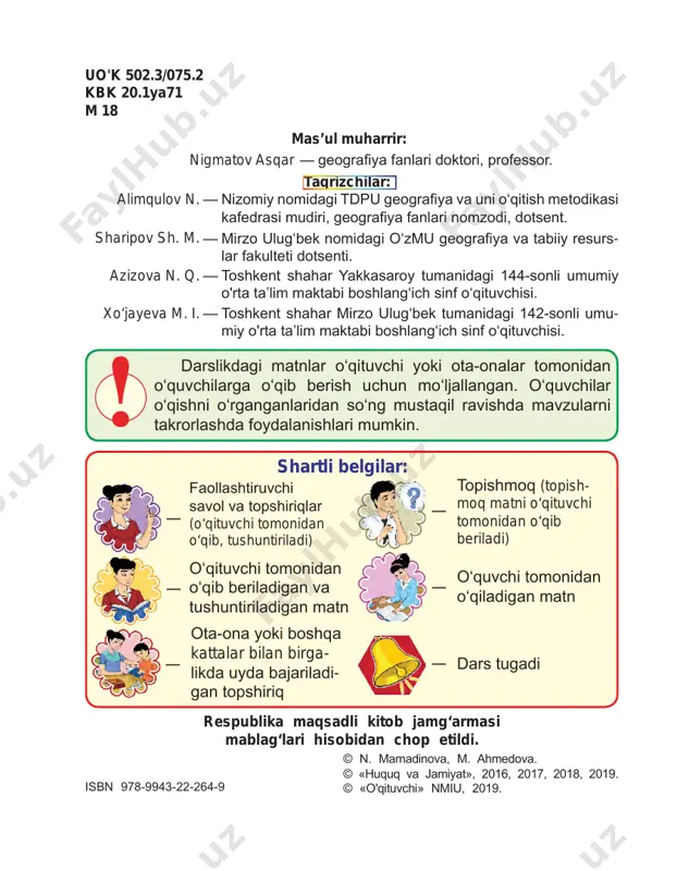 ................................................... 10 5. ko‘chada yurish qoidalari................................................ 12 6. quyosh. oy.................................................................................. 14 7. yil fasllari................................................................................ 16 8. kuzda o‘simliklar hayoti.................................................... 18 9. kuzgi mehnat............................................................................. 19 10. o‘simliklar dunyosi............................................................... 20 11. o‘simlik qismlari va ularning o‘sishi............................ 22 12. o‘simliklarning xilma-xilligi............................................ 24 13. dalalarda yetishtiriladigan ekinlar......................... 26 14. xona o‘simliklari ................................................................... 28 15. uy hayvonlari........................................................................... 30 16. parrandalar............................................................................. 32 17. yovvoyi hayvonlar................................................................ 34 18. qushlar....................................................................................... 36 19. hasharotlar............................................................................. 38 20. qish fasli..................................................................................... 40 21. suv havzalarining muzlashi............................................. 41 22. o‘zbekiston tabiati................................................................. 42 23. suv.................................................................................................. 44 24. salom bahor.............................................................................. 46 25. bahorgi tengkunlik.............................................................. 48 26. men yashaydigan qishloq (shahar)