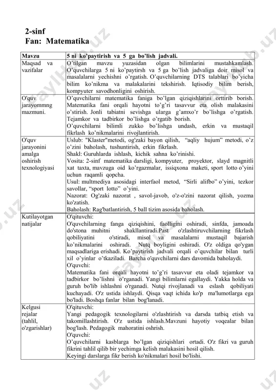 aytirish jadvali orqali o’quvchilar bilan turli xil o’yinlar o’tkaziladi. barcha o'quvchilarni dars davomida baholaydi. o'quvchi: matematika fani orqali hayotni to’g’ri tasavvur eta oladi tejamkor va tadbirkor bo’lishni o’rganadi. yangi bilimlarni egallaydi. yakka holda va guruh bo'lib ishlashni o'rganadi. nutqi rivojlanadi va eslash qobiliyati kuchayadi. o'z ustida ishlaydi. qisqa vaqt ichida ko'p ma'lumotlarga ega bo'ladi. boshqa fanlar bilan bog'lanadi. kelgusi rejalar (tahlil, o'zgarishlar) o'qituvchi: yangi pedagogik texnologilarni o'zlashtirish va darsda tatbiq etish va takomillashtirish. o'z ustida ishlash.mavzuni hayotiy voqealar bilan bog'lash. pedagogik mahoratini oshrish. o'quvchi: o’quvchilarni kasblarga bo’lgan qiziqishlari ortadi. o'z fikri va guruh fikrini tahlil qilib bir yechimga kelish malakasini hosil qilish. keyingi darslarga fikr berish ko'nikmalari hosil bo'lishi. darsning rejasi tashkiliy qism 2 daqiqa o’tilgan mavzuni so’rash 10 daqiqa yangi mavzu bayoni 10 daqiqa yangi mavzuni mustahkamlash 20 daqiqa rag’batlantirish 1,5 daqiqa uyga vazifa 1,5 daqiqa darsning borishi: i. tashkiliy qism: o’qituvchi: salom aziz bolalarim gulu rayhon lolalarim. qani …