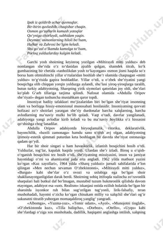 go‘zal o‘lkamda kamolga to‘lsam, porloq yulduzlarday kulgim keladi. garchi yosh shoirning keyinroq yozilgan «miltiraydi mitti yulduz» deb nomlangan she’rida o‘z to‘dasidan ajralib qolgan, shamdek titrab, ko‘k gumbazining bir chetida «tanholikdan yosh to‘kayotgan» osmon jismi haqida so‘z borsa ham oltmishinchi yillar o‘rtalaridan boshlab she’r olamida chaqnagan «mitti yulduz» to‘g‘risida gapira boshladilar. yillar o‘tdi, u o‘zbek she’riyatini yangi bosqichga olib chiqqan yorqin yulduzga aylandi, shu’lasi yiroq-yiroqlarga taralib, butun turkiy adabiyotning, sharqning yirik siymolari qatoridan joy oldi, she’rlari ko‘plab g‘arb tillariga tarjima qilindi. nafosat olamida «abdulla oripov she’riyati» degan tushuncha mustahkam qaror topdi. insoniyat badiiy tafakkuri mo‘jizalaridan biri bo‘lgan she’riyat insonning olam va borliqqa hissiy-emotsional munosabati hosilasidir. insoniyatning quvvati hofizasi zo‘r shoirlari yaratgan she’riy durdonalar barcha xalqlarning, barcha avlodlarning ma’naviy mulki bo‘lib qoladi. vaqt o‘tadi, davrlar yangilanadi, adabiyotga yangi avlodlar kirib keladi va bu ma’naviy boylikka o‘z hissasini qo‘shishga chog‘lanadilar. abdulla oripov adabiyotda biryoqlamalik, ritorika, deklarativlik, bayonchilik, «baxtli zamonaga» hamdu sano o‘qish avj …