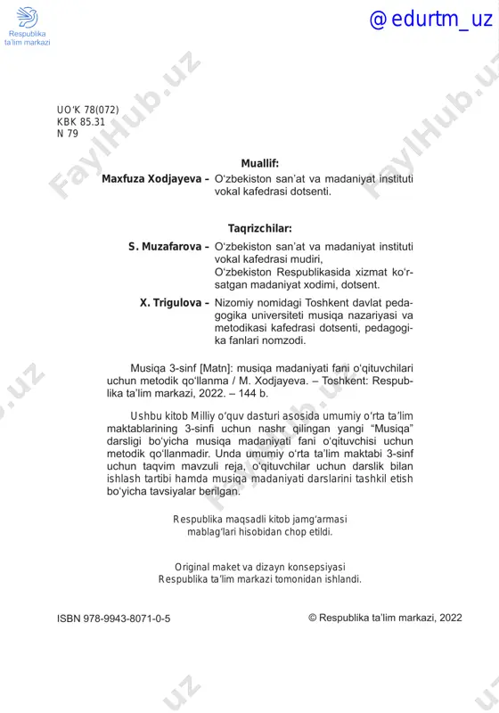 muassasalarini zamonaviy pedagogik kommunikatsiya vositalari bilan ta’min- lash, ta’lim sifatini oshirishga alohida e’tibor qaratish zarur”, deb ta’kidlangan edi. bu vazifalarni samarali amalga oshirish umumta’lim maktablarida musiqa o‘qitish tizimini yanada rivojlantirish uslublarini ishlab chiqishda muhim ahamiyat kasb etadi. musiqa madaniyati darslarining maqsadi yosh avlodni milliy musiqa merosini o‘zlashtira olgan hamda jahon musiqa san’atini idrok eta oladigan keng dunyoqarash- ga ega shaxs qilib shakllantirishdir. musiqa yosh avlodning ma’naviy, badiiy va axloqiy madaniyatini shakllantirishga, milliy g‘urur, vatanparvarlik, nafosat va ijodkorlik tarbiyasini amalga oshirishga, dunyoqa- rashini kengaytirishga, mustaqillik va tashabbuskorlikni o‘stirishga xizmat qiladi. musiqaning juda katta tarbiyaviy imkoniyatlari o‘qituvchining jiddiy kasbiy tayyorgarligi, o‘quvchi shaxsiga hamda uning musiqiy-ijodiy qobiliyatlarini rivo- jlantirishga qaratgan doimiy e’tibori asosida yuzaga chiqadi. musiqa o‘qitishning samarasini belgilovchi muhim omillardan biri musiqiy metodik masalalarning nazariy jihatdan ishlab chiqilganligi va uning amaliyot bilan bog‘liqligi darajasidir. insonning shaxs sifatida shakllanishida musiqa san’atining beqiyos ahami- yatini, uning ruhiyat bilan bog‘liqligini allomalar doimo ta’kidlab kelganlar. o‘zbek …