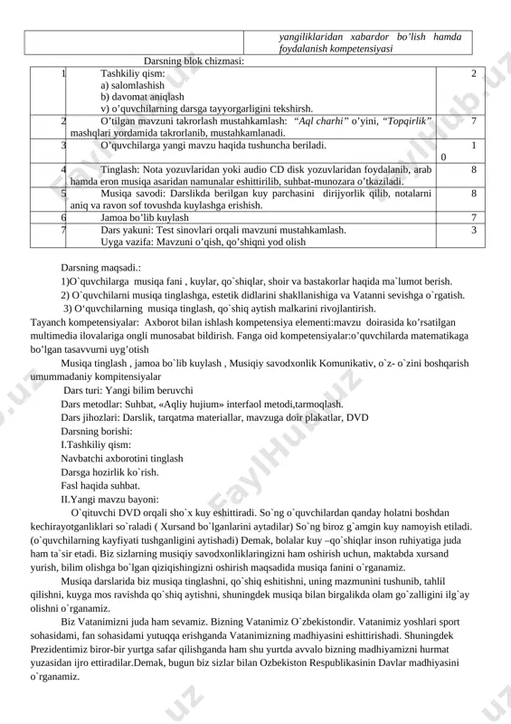 uruh bo’lib ishlashni o’rganadi, nutqi rivojlanadi va eslab qolish qobiliyati kuchayadi. o’z-o’zini nazorat qilishni o’rganadi. qisqa vaqt ichida ko’p ma’lumotlarga ega bo’ladi va baholay oladi. kelgusi rejalar o’qituvchi: yangi pedagogik texnologiyalarni o’zlashtirib, darsda qo’llash, o’z ustida ishlash, mavzuni xayotiy voqyealar bilan bog’lash, pedagogik mahoratini oshirish, ko’proq qo’shimcha ma’lumotlar berib, o’quvchilarni madaniy saviyasini oshirishga erishish. o’quvchi: mustaqil ishlashni o’rganadi. fikrini ravon bayon qila oladi. shu mavzuga asoslanib qo’shimcha materiallar topadi, ularni o’rganadi. fikri va guruh fikrini tahlil qilib, mustaqil fikrlash malakasini hosil qiladi. musiqiy bilim va ko’nikmaga ega bo’ladi. shakllantirilayotgan kompetensiyalar: fanga oid kompetensiyalar: 1. musiqiy savodxonlik kompetensiyasi 2. jamoa bo‘lib kuylash kompetensiyasi 3. musiqa tinglash va tahlil qilish kompetensiyasi tayanch kompetensiyalar: 1. kommunikativ kompetensiya 2. axborot bilan ishlash kompetensiyasi 3. shaxs sifatida o’z-o’zini rivojlantirish kompetensiyasi 4. ijtimoiy faol fuqarolik kompetensiyasi 5. umummadaniy kompetensiyasi 6. matematik savodxonlik, fan va texnika yangiliklaridan xabardor bo’lish hamda foydalanish kompetensiyasi darsning blok chizmasi: 1 tashkiliy …