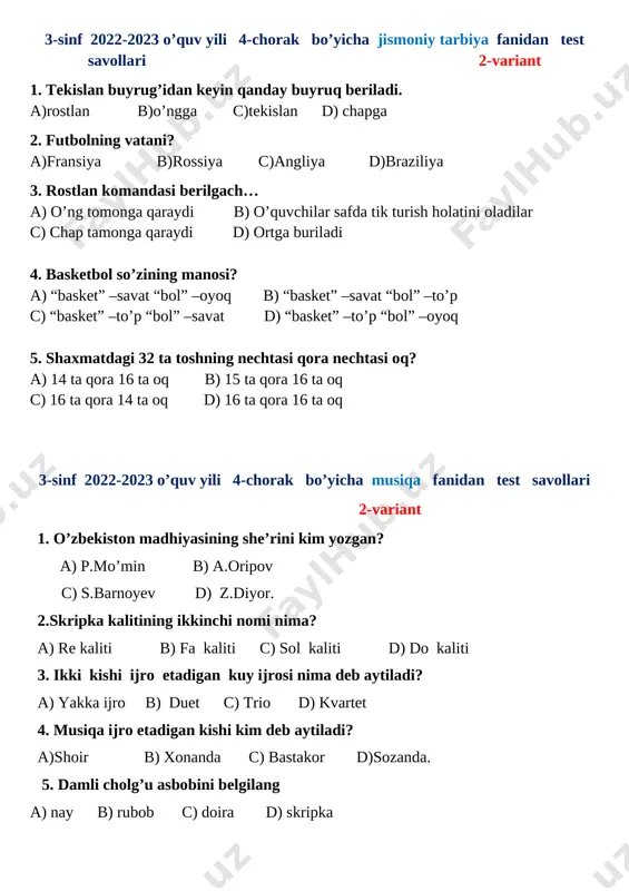 chtasi qora nechtasi oq? a) 14 ta qora 16 ta oq b) 15 ta qora 16 ta oq c) 16 ta qora 14 ta oq d) 16 ta qora 16 ta oq 3-sinf 2022-2023 o’quv yili 4-chorak bo’yicha musiqa fanidan test savollari 2-variant 1. o’zbekiston madhiyasining she’rini kim yozgan? a) p.mo’min b) a.oripov c) s.barnoyev d) z.diyor. 2.skripka kalitining ikkinchi nomi nima? a) re kaliti b) fa kaliti c) sol kaliti d) do kaliti 3. ikki kishi ijro etadigan kuy ijrosi nima deb aytiladi? a) yakka ijro b) duet c) trio d) kvartet 4. musiqa ijro etadigan kishi kim deb aytiladi? a)shoir b) xonanda c) bastakor d)sozanda. 5. damli cholg’u asbobini belgilang a) nay b) rubob c) doira d) skripka [bookmark: _goback] image1.png