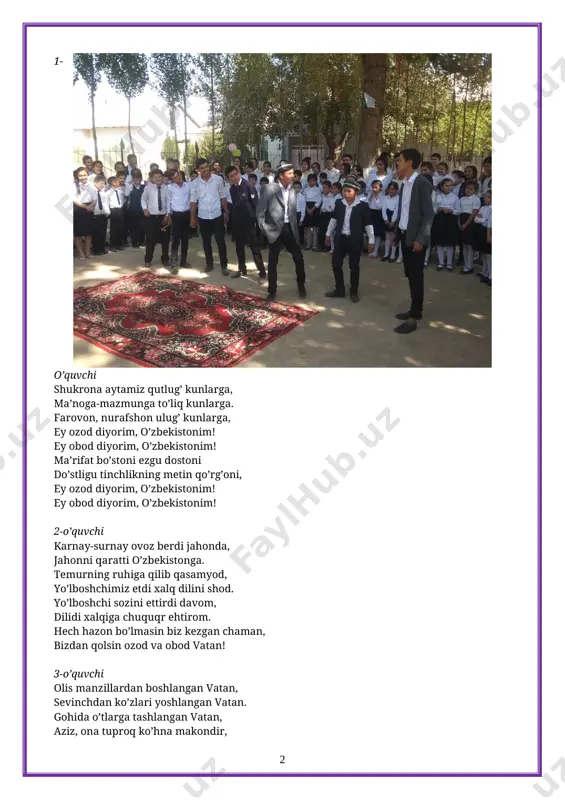 allar, navolar oromijondir, keljagi buyuk o’zbekistondir [image: image3.jpg] 5-o’quvchi ulug’bek nuridan samovot yorug’, beruniy poylaydi yillarni yoru’g, yassaviy ko’zlarga ziyo va ma’ruf, “ziji ko’ragoniy” kashfi osmondir, keljagi buyuk o’zbekistondir. (y. usmonova ijrosida “o’zbekiston” qo’shig’i ijro etildi) i. boshlovchi. ey hurmatli muallim, har ko’ngilda mehring bor. har uyda har shaharda,sening mevalaring bor. [image: image8.jpg] ii. boshlovchi. ekkan mevalariningni, hosili hech tugamas. dunyoda sening kabi, baxtli inson topilmas. i. boshlovchi. dar haqiqat, ustoz murabbiylar shunday buyuk, ulug’ insonki, ulardan bir umr qarzdormiz. ustoz va shogirt quyosh bilan oyga o’xshaydi. oy quyoshdan nur olib borlini yoritgani kabi, shogirt ustozdan ziyo olib hayot mash’alini yoqadi. 1-o’quvchi agar hayot bo’ston bo’lsa, bog’bon muallim, agar hayot oltin bo’lsa, zargar muallim. agar hayot karvon bo’lsa, sarbon muallim, agar hayot shoir bo’lsa, so’zi muallim. agar hayot dengiz bo’lsa, duri muallim, agar hayot uzuk bo’lsa, gavhar muallim, ilm-u ma’rifatdan beruvchi ta’lim. 2-o’quvchi ilm-u ziyo berar bizga, onadir har o’g’il …