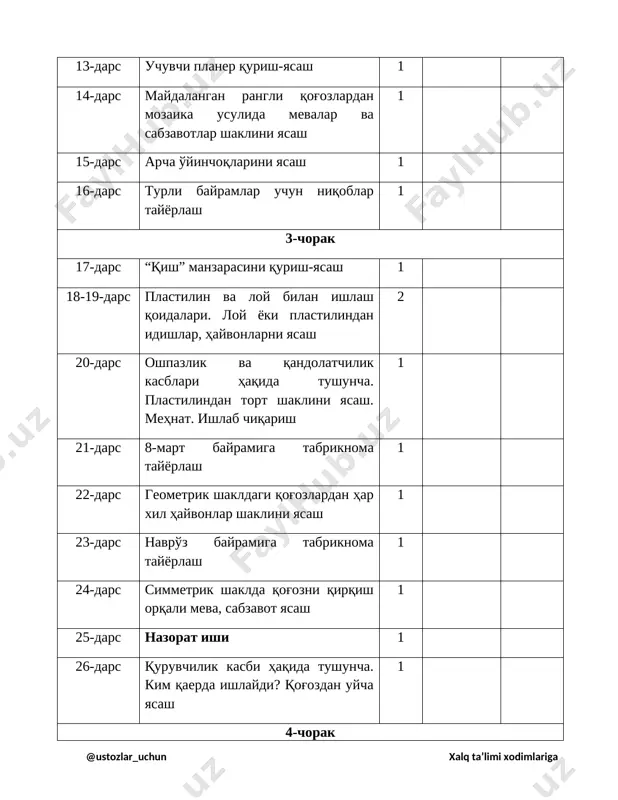 r, qushlar shakllarini yasash 1 32-dars nazorat ishi 1 33-dars geometrik shakllardagi qog'ozdan mashina qurish-yasash. mehnatning mahsuli-mahsulot va uning turlari 1 @ustozlar_uchun xalq ta’limi xodimlariga