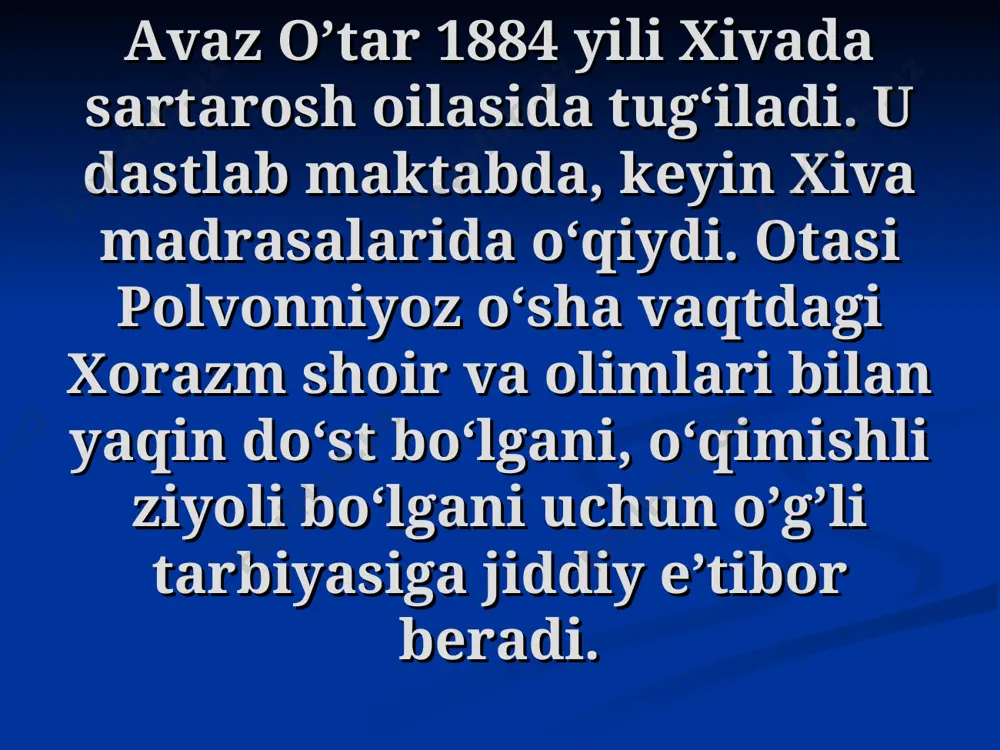 chekmayin rohatni qadrin bilmading. rostliqqa zavol bo‘lmas emish, biling! vafo ahliga ichmaklik jahonda, haqiqatda erur dushvor savgand. dikar nahle chekib mehnat birovlar, vale andin kurar rohat birovlar. til har tilni biluv emdi bani odama jondur, til vositai robitai olamiyondur. qayri tilini sa’y qiling bilgali, yoshlar, kim ilmu hunarlar bilonki andin ayondur. lozim siza har tilni biluv ona tilidek, bilmakka oni g‘ayrat eting, foida kondur. ilmu fan uyiqa yuboringlar bolangizni, onda o‘qug‘onlar bori yaktoyi zamondur. zor o‘lmasun onlar dog‘i til bilmay avazdek, til bilmaganidin oni bag‘ri to‘la qondur. fidoyi xalqim fidoiy xalqim o‘sun tanda jonim, bo‘lib qurbon anga ruhi ravonim. gar o‘lsam darbadar mazlumlar uchun, budur maqsudi qalbi notavonim. mani solsa fano yo‘liga davron, yurur ustimdin avlodi zamonim. umidim: yashasin maktab bolasi, alar har biri bir sheri jahonim. na yaxshi o‘ylakim, ma’qul-u manzur, avaz, xalqim uchun to‘kulsa qonim. sipohi pora istar sipohi pora istar mulla ijora istar, bechora chora istar, bir …