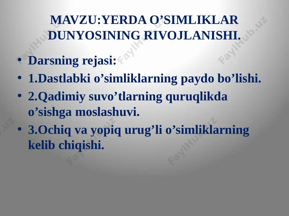 klar million yillar davomida quruqlikda yashashga moslashib,o’zgarib borgan. riniya va psilofitlar-qadimgi o’simliklar qadimgi qirqquloqlar va qirqbo’g’imlar. bundan 400-230 million yillar avval dastlabki quruqlikka chiqqan o’simliklardan qirqquloqlar va qirqbo’g’imlar,plaunlar paydo bo’lgan.bu davrda ,qirqquloqsimonlarning o’sishi va rivojlanishi uchun qulay sharoit vujudga kelgan hamda bo’yi 25-30 m,yo’g’onligi 1-1,5 m keladigan daraxtsimon qirqbo’g’imlar va daraxtsimon qirqquloqlar paydo bo’lgan.shu davrning oxirlarida qirqquloqlardan urug’li qirqquloqlar vujudga kelgan. bundan 200 million yillar ilgari urug’li qirqquloqlardan ochiq urug’li o’simliklar paydo bo’lgan. yangi,murakkab hayot sharoiti qirqquloqsimonlar uchun noqulay bo’lib,ularning ayrimlari yo’qola boshlaydi.ularning ko’pchiligi,ayniqsa,daraxt va buta shaklidagilari yo’qolib ketgan.ularning qoldiqlarini faqat qazilma holida uchratish mumkin.qirqquloqsimonlarning o’rnini sekin-asta quruq iqlimga yaxshi moslashgan ochiq urug’li o’simliklar egallay boshlagan. bundan 140 million yillar ilgari,urug’li qirqquloqlarning shu davrgacha saqlanib kelgan vakillaridan yopiq urug’li o’simliklar paydo bo’lgan. iqlim tobora quruqlashib borishi bilan urug’li qirqquloqlarning qolgan vakillari va ular bilan birgalikda qadimgi ochiq urug’li o’simliklar ham asta-sekin yo’qola boshlagan.ochiq urug’li o’simliklarning bizgacha yetib kelgan qarag’ay,qoraqarag’ay,archa kabi …