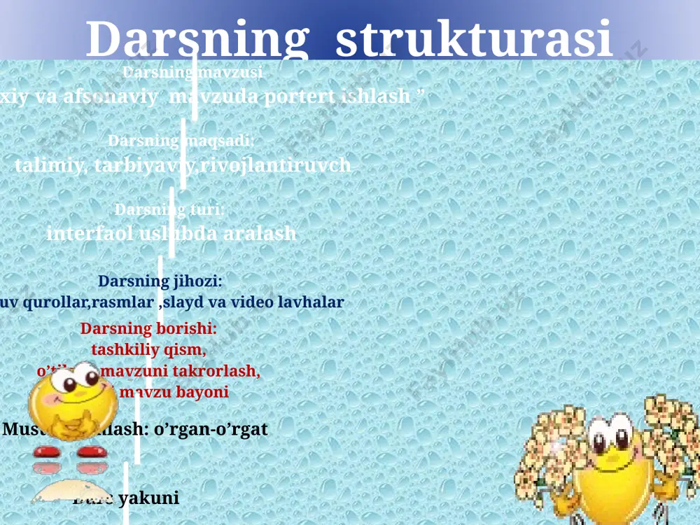 misr va yunonistonda yaratilgan. xv-xvi asrlarda portret san’atining gullash davri boshlandi. asarlardan namunalar portret janrining tarixi ilk davrlarda odamlar tasviri ko’proq xudolar va afsonaviy qahramonlarni eslatardi. xvi asrlarda rassomlar o’z asarlarini mahorat bilan matoga, qog’ozlarga chizdilar, marmarni o’yib ,bronzadan quyib tasvirladilar. xv asr---italiyalik rassom botichelli va tisian .xvi asr---nemis rassomi dyurer. xvii asr---flamand rassomlari rubens va van deyk asarlarini aytish mumkin. miniatyuralardagi portretlar dastlabkilari: xv asr– k.behzod ”sulton husayn va shaybonixon” xvi asr---mahmud muzahhib “alisher navoiy” asarlari o’zbekistonda portret janri 30- yillrda rivojlana boshladi. bu davrda a.abdullayev, l.abdullayev, r.axmedov, b.jalolov va v. kaydalovlar barhayot obrazlarni yaratdi. tarixiy janrda insoniyat tarixidagi mihm voqealar va qahramonlar hayoti tasvirlanadi. rassom birorta tarixiy portretni tasvirlash uchun avvalo o`sha davrning ijtimoiy muhitini, insonlarning turmush tarzini anglab yetishishi kerak bo`ladi. a. aliqulov. “ buyuk o`zbek ajdodlarimiz”. afsonaviy janrdagi tasviriy san`at asarlarida hayotda uchramaydigan, biroq xalq tomonidan hayolan o`ylab topilgan odam va hayvonlar, baliqlar, voqea hamda hodisalar …