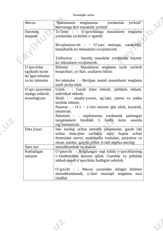 a vazifa berish 2 min. darsning tashkiliy qismi: 1) salomlashish; 2) davomatni aniqlash; 3) sinfning darsga tayyotgarligini nazorat qilish. 4) siyosiy va ma’naviy daqiqa o’tkazish o`tilganlarni takrorlash: o`quvchilarni o`tilgan mavzu yuzasidan savollar berib faollashtiriladi 1-savol: matnli masalalarni necha xil usulda yechish mumkin? javob: [image: image9.wmf]) ( 9 , 0 misqol x = [image: image1.png] 2-savol: matnli masalalarni yechish nech bosqichda amalga oshirildi? javob: 1.1. masala yechishning algebraik usuli . masala. oltin va durdan yasalgan bezakning og`irligi 3 misqol, bahosi 24 dinor. 1 misqol oltin 5 dinor, 1 misqol d ur 15 dinor bo`lsa, bezakda necha mis qoldan oltin va dur bor? yechish. al–koshiy yozadi: “masalani “a l –jabr val–muqobala” usulida yechish uchun bezakdagi, masalan , dur miqdorini “mol”, “narsa” (bizningcha, noma’lum son x) deb olamiz. u holda bezakdagi oltin miqdori “uch minus mo l” (ya’ni 3–x) bo`ladi.” bezakdagi durning narxi qancha? – 15x (dinor). bezakdagi o ltinning narxi qancha? – …