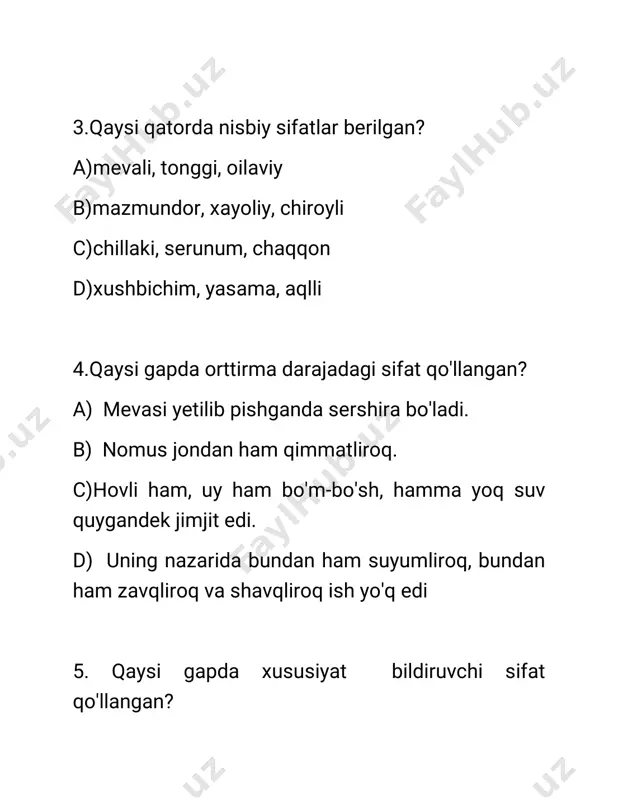 ; takroriy d) 3ta, takroriy va sodda 10.-in qo‘shimchasi bilan yasalgan sifat qaysi qatorda berilgan? a)tekin b) qo‘shin c) yig‘in d)erkin 11.-iy sifat yasovchi qo'shimcha vositasida hosil qilingan barcha yasama sifatlarni toping. 1) uzviy; 2) ommaviy; 3) siyosiy; 4) milliy; 5) aqliy; 6)botiniy a) 1, 4, 5, 6 b) 5,6 c)1, 5, 6 d) 1, 2, 3, 5 12 .yasama sifat berilmagan qatorni toping. a) iliq, toyg'oq, kuyunchak b)chiniqqan, o'qigan, toliqqan c) topqir, beg'ubor, noloyiq d) ahmdil, erksevar, kamgap 13. qaysi so‘z tarkibida lug‘aviy shakl yasovchidan so'ng kelgan so‘z yasovchi tarkibida ikkita til undoshi ishtirok etgan? a) naqshlanmoq b) maqtanchoq c) shodlantirmoq d) oydinlashtirmoq 14. nechta sifat imlo qoidasi asosida yozilgan? issiq, maxtanchoq, laxcha (cho'g'), baxtli, yam-yashil, shirinsuhan, hamshahar a) 4ta b) 3ta c)2ta d)5ta 15. qizil qalpoq, jigarrang kurtka kiygan bu bolaginaning tim qora ko'zlari, dum-dumaloq lo'ppi yuzi negadir g'amli, ma'yus edi. ushbu gapda sifat turkumiga mansub nechta so'z …