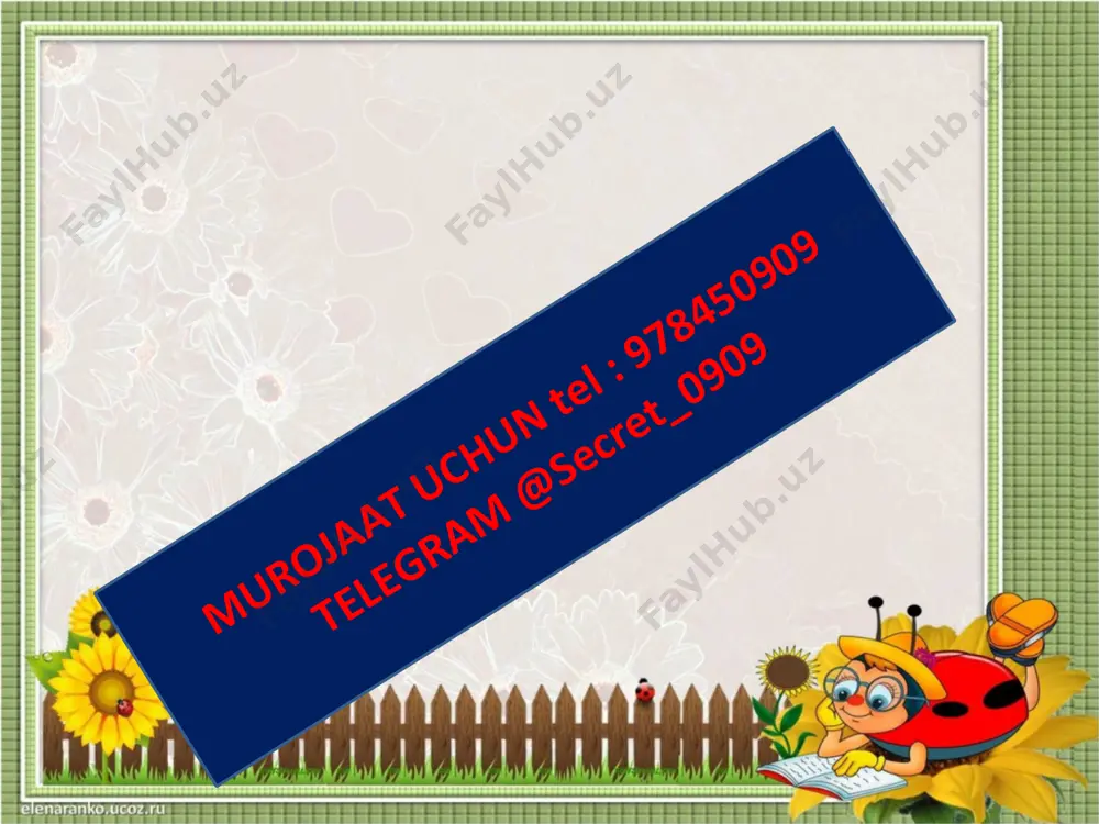 ash va mustahkamlash. o`tilgan darsda “takrorlash ” yuzasidan savol-javob o`tkazish, uy vazifasini bajarilishini tahlili o`tkazilib no`to`g`ri bajarilgan misollar yuzasidan ko`rsatma beraman. iii yangi mavzu bayoni: murojaat uchun tel : 9 78450909 telegram @secret_0909 murojaat uchun tel : 9 78450909 telegram @secret_0909 murojaat uchun tel : 9 78450909 telegram @secret_0909 quyidagi misolni bajarilish tartibini ayting murojaat uchun tel : 9 78450909 telegram @secret_0909 birgalikda bajaramiz murojaat uchun tel : 9 78450909 telegram @secret_0909 murojaat uchun tel : 9 78450909 telegram @secret_0909 murojaat uchun tel : 9 78450909 telegram @secret_0909 murojaat uchun tel : 9 78450909 telegram @secret_0909 tashkiliy qism o’quvchilar davomadi aniqlanadi, uyga berilgan vazifani aniqlash. i – guruh “bilimdonlar” ii – guruh “zukkolar ” iii – guruh “alochilar” murojaat uchun tel : 9 78450909 telegram @secret_0909 butun sonlar deb nimaga aytiladi ? murojaat uchun tel : 9 78450909 telegram @secret_0909 murojaat uchun tel : 9 78450909 telegram @secret_0909 1-topshiriq: 2 …
