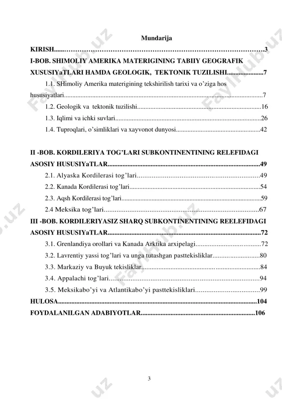 reelefidagi asosiy hususiyatlar...........................................................................................72 3.1. grenlandiya orollari va kanada arktika arxipelagi.....................................72 3.2. lavrentiy yassi tog’lari va unga tutashgan pasttekisliklar...........................80 3.3. markaziy va buyuk tekisliklar........................................... ..........................84 3.4. appalachi tog’lari...................................................................................94 3.5. meksikabo’yi va atlantikabo’yi pasttekisliklari...................................99 hulosa........................................................................................................................104 foydalanilgan adabiyotlar.....................................................................106 4 kirish mavzuning dolzarbligi. o`zbekiston respublikasi mustaqillikka erishgan dastlabki kunlardanoq muhtaram yurtboshimiz tomonidan yosh avlodlarni har tomonlama yetuk, komil inson qilib tabiyalashga alohida etibor qaratib kelanmoqda. zero, har qanday tizimning, iqtisodiy taraqqiyotning mukammalligi, barkamol shakllanishi eng avvalo uning innovatsion mehnat resurslariga va kadrlar tayyorlashning sifatiga bog’liq. o`zbekiston respublikasi prezidenti i.a.karimov zamonaviy kadrlar, xususan, o`qituvchi pedagog kadrlarni tayyorlash xususida quyidagilarni ta`kidlagan edi: “eng muhimi, shuni anglab etishimiz kerakki, kadrlar masalasini hal etmas ekanmiz, sa`y - harakatlarimiz kutilgan natijalarni berishi, hayotimiz, ma`naviyatimiz o`zgarishi qiyin kechadi. demakki, zamonaviy ta`lim - tarbiya tizimini isloh qilish, zamon talablariga mos kadrlar tayyorlash ishini yo`lga qo`yish faoliyatimizning bosh yo`nalishi bo`lmog’i darkor....”1 shubhasiz, kadrlar tayyorlash milliy dasturini ro`yobga chiqarishning birinchi bosqichida (1997- 2001) …