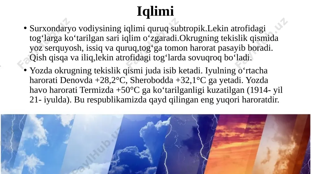 ekundiga 54,6 m3, eng ko‘pi sekundiga 470 m3, eng kami 5,7 m3. qoratog` daryosi qoratog‘ daryosi hisor tog‘ining 4200 m balandlikdagi janubiy yonbag‘ridan shu nom bilan boshlanadi. uning uzunligi 100 km atrofida. qoratog‘ daryosi qor-muzlarning erishidan to‘yinadi, binobarin, eng ko‘p suvi may — iyun oylariga to‘g‘ri keladi. uning o‘rtacha yillik suv sarfi sekundiga 23 m3, maksimal suv sarfi sekundiga 239 m3, minimal 2,5 m3. surxondaryo daryo surxondaryo to‘polon bilan qoratog‘ daryolarining qo‘shilgan yeridan amudaryogacha 196 km. shu masofada o‘ng tomondan sangardak va xo‘jairok irmoqlarini qo‘shib oladi. surxondaryo, asosan, qor-muzlarning erishidan to‘yinib,o‘rtacha ko‘p yillik suv sarfi qorovultepa qishlog‘i yonida sekundiga 70,2 m3 ni tashkil etadi, eng katta suv sarfi sekundiga 600 m3, eng kami sekundiga 0,1 m3. surxondaryo daryosi sheroboddaryo daryo sherobod daryo boysun tog‘i va uning davomi hisoblangan ko‘hitang tog‘ining sharqiy yonbag‘ridan boshlanuvchi irg‘oyli va qizilsoy daryolari qo‘shilishidan vujudga keladi.u sherobod shahridan quyida qorasuvdaryo deb yuritiladi.uning uzunligi 186 km bo‘lib, …