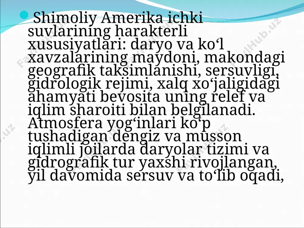 siyoning yenisey daryosiga (bu yerda ham o‘rtacha yillik suv sarfi 19800 m3/sek) to‘g‘ri keladi missisipi daryosi shimolda yuqori ko‘lning fapb tomonidagi muz ko‘llardan va botqoqliklardan boshlanib, janubda meksika qo‘ltig‘iga kuyiladi. uning uzunligi 3750km. missisipi morfologik jixatdan uch qismga bo‘linadi. yukori qismi ensiz o‘zanlardan, tor vodiylardan iborat bo‘lib, mayda-mayda ko‘llar orqali oqib o‘tadi. kristall jinslar yer yuziga chiqib qolgan joylarda ko‘plab ostonalar hosil bo‘lgan. missurining kuyilish joyigacha 20 dan ortiq to‘g‘onlar qurilgan. o‘rta kismida daryo vodiysi 10-15 km gacha kengayib, buyuk daryo asosan bitta o‘zandan oqib o‘tadi. daryoning kuyilish joyida o‘rtacha yillik suv sarfi 19000 m3/sek, maksimal sarfi 50000-80000 m3/sek va minimal sarfi 3000-5000 m3/sek. ni tashkil etadi. suv satxinint ko‘tarilib-pasayish farqi 14-18 m gacha boradi. missisipining yuqori oqimi qishda 3-4 oy davomida muzlaydi. missisipi atamasi mahalliy indeeslar tilidan olingan bo‘lib, "suvlar otasi", "buyuk daryo" degan ma’noni anglatadi. xuddi shunday misuri atamasi ham mahalliy axrli tilidan olingan bo‘lib, "loyka daryo" demakdir. …