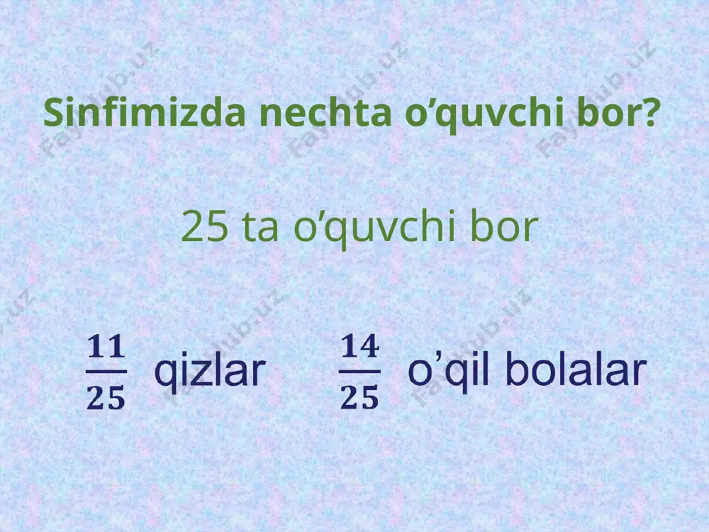 ? yechish 0 1 son o’qida berildan nuqtani ko’rsating. 7 3 0 1 son o’qida berilgan nuqtani ko’rsating. 7 9 0 1 son oqida berilgan nuqtani ko’rsating. 5 7 0 1 son o’qida berilgan nuqtani ko’rsating. ; o’yla! 0 1 son oqida berilgan nuqtani ko’rsating. ; o’yla! s v a 0 nuqtaning koordinatasini toping. masala: 4ta olmani uchta bolaga teng bo’lib bering = 1 + bir butun uchdan bir 2 = = 3 = = 2 aralash sonlarni qo’shish va ayirish aralash sonlarni qo’shish (ayirish) da ularning butun va kasr qismlari alohida-alohida qo’shiladi (ayiriladi). = = aralash sonlarni qo’shish = = aralash sonlarni ayirish 1) = = 2) 3) = = = mustahkamlash test 1) noto’g’ri kasrni aralash son ko’rinishida yozing: a) b) c) 4 d) 2) sur’ati mahrajidan katta kasr qanday nomlanadi? a) to’g’ri b) noto’g’ri c) oddiy d) aralash uyga vazifa 25- 26- 29-misollar baholash dars yakuni image1.jpeg …