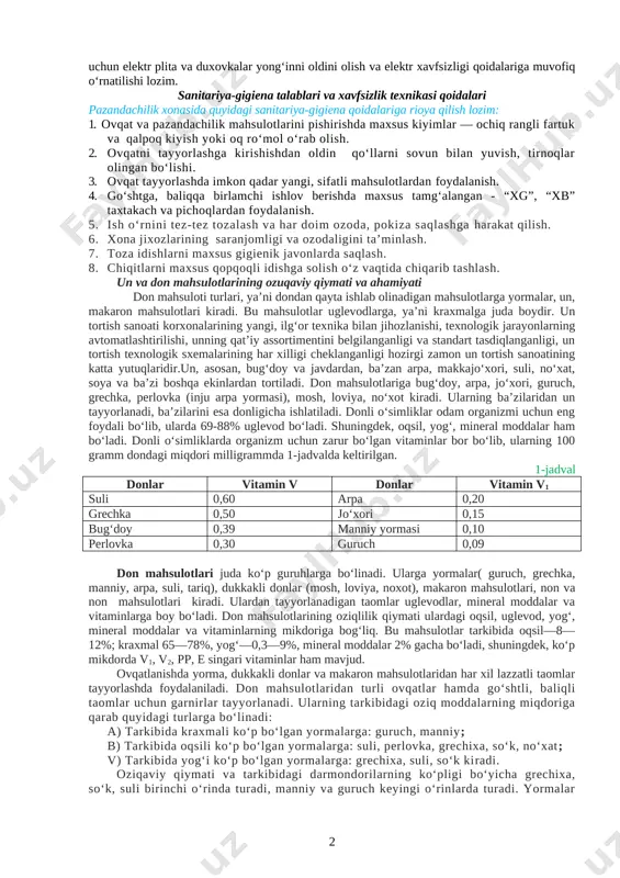 int”, “tushunchalar tahlili” “kubik” “charxpalak”, “t-jadval”, “blits savol” va shu kabi metodlar (belgilangan metodlardan darsda qo‘llanilishi lozim bo‘lganining tagiga chizing). darsda jihozi: pazandachilik o`quv xonasi, rasm va tarqatma materiallar, o‘quv qurollari, elekron materiallar, test materiallari, shablonlar, mehnat qurollari. darsning borishi: i. tashkiliy qism: a)salomlashish b)davomatni aniqlash ii. uyga vazifani so‘rash: a)savol – javob o‘tkazish b)topshiriqlarni tekshirish iii. yangi mavzu bayoni: pazandachilik xonasi nazariy va amaliy mashg‘ulotlar uchun alohida-alohida bo‘lgani ma’qul. amaliy mashg‘ulotlar xonasiga yorug‘lik yaxshi tushadigan, hid va bug‘lardan tozalash uchun maxsus shamollatgich moslamalar o‘rnatilgan bo‘lishi kerak. uning devorlari kafel bilan qoplangan bo‘lib, qo‘l yuvish uchun va oshxona idish-tovoqlarini yuvish uchun alohida chanog‘i bo‘lishi zarur. oshxona jihozlarini saqlash uchun mebellar maxsulotlarga ishlov berish va tayyorlangan taomlarni bezash uchun stollar bo‘lishi hamda maxsulotlarga issiqlik ishlovi berish uchun elektr plita va duxovkalar yong‘inni oldini olish va elektr xavfsizligi qoidalariga muvofiq o‘rnatilishi lozim. sanitariya-gigiena talablari va xavfsizlik texnikasi qoidalari pazandachilik xonasida quyidagi sanitariya-gigiena …