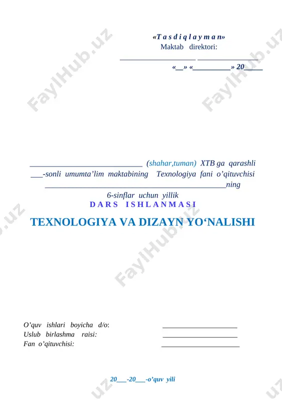 ishlatish (chizg‘ich, o‘rama metr, xatkash, guniya, shtangensirkul, sirkul) va 5-6-mavzu. qo‘l randa va parmalash qurilmalarining tuzilishi, foydalanish qoidalari. yog‘ochga ishlov berish asboblaridan to‘g‘ri foydalanib, qalamdon yasash. 1-nazorat ishi 2 yog‘ochga ishlov berish asboblaridan to‘g‘ri foydalanib, qalamdon yasash yog‘ochga ishlov berish asboblaridan to‘g‘ri foydalanib, qalamdon yasash yog‘ochga ishlov berish asboblaridan to‘g‘ri foydalanib, qalamdon yasash 7-8-mavzu yog‘ochga ishlov berish asboblaridan to‘g‘ri foydalanib, qalamdon yasash. 2 yog‘ochga ishlov berish asboblaridan to‘g‘ri foydalanib, qalamdon yasash. yog‘ochga ishlov berish asboblaridan to‘g‘ri foydalanib, qalamdon yasash. yog‘ochga ishlov berish asboblaridan to‘g‘ri foydalanib, qalamdon yasash. 9-10-mavzu. yog‘ochdan yasalgan buyumlarga ishlov berish usullari. (yog‘och o‘ymakorligida xavfsizlik. yog‘ochni pardozlash, egovlash, jilvirlash, loklash va xavfsizlik texnikasi qoidalari) 2 yog‘ochni pardozlash, egovlash, jilvirlash, loklash va xavfsizlik texnikasi qoidalari yog‘ochni pardozlash, egovlash, jilvirlash, loklash va xavfsizlik texnikasi qoidalari yog‘ochni pardozlash, egovlash, jilvirlash, loklash va xavfsizlik texnikasi qoidalari 11-12-mavzu. yog‘ochlardan buyumlar yasashda rejalash asboblaridan foydalanish. ramka tayyorlash. 2-nazorat ishi. 2 ramka tayyorlash ramka tayyorlash …