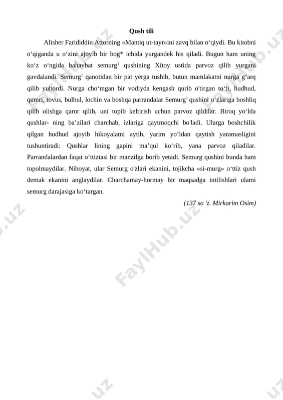 ojikcha «si-murg» o‘ttiz qush demak ekanini anglaydilar. charchamay-hormay bir maqsadga intilishlari ulami semurg darajasiga ko‘targan. (137 so 'z. mirkarim osim) [bookmark: bookmark4] shirin va achchiq qadim zamonda bir odamning xizmatkori bo‘lardi. bir kuni xo‘jasi unga: «bugun eng yaxshi narsadan ovqat tayyorla!» - dedi. xizmatkor qo‘yning tilidan lazzatli taom pishirib, xo‘jasi yoniga keltirdi. xo‘jasi so‘radi: «bu taomni nimadan tayyorlading?» xizmatkor javob berdi: «qo‘yning tilidan, zero o‘zingiz eng yaxshi narsadan ovqat tayyorlashni buyurdingiz. tildan ham yaxshiroq nima bor dunyoda!» boshqa bir kuni xo‘ja sinamoq niyatida xizmatkoriga dedi: «bugun eng yomon narsadan tayyorlangan ovqatni yeyish- ni xohlayman». xizmatkor bu safar ham qo‘yning tilidan taom tayyorladi. xo‘jasi so‘radi: «bu yemishni nimadan tayyorlading?» xizmatkor javob berdi:«qo‘yning tilidan, zero o‘zingiz eng yomon narsadan ovqat tayyorlashimni bu- yurib edingiz. dunyoda tildan ham yomonroq nima bor? til ham eng yaxshi, ham eng yomon narsa bo‘la olishi mum- kinmi?- taajjublanib so‘radi xo‘ja. xizmatkor javob berdi: «ha, janob, til ham …