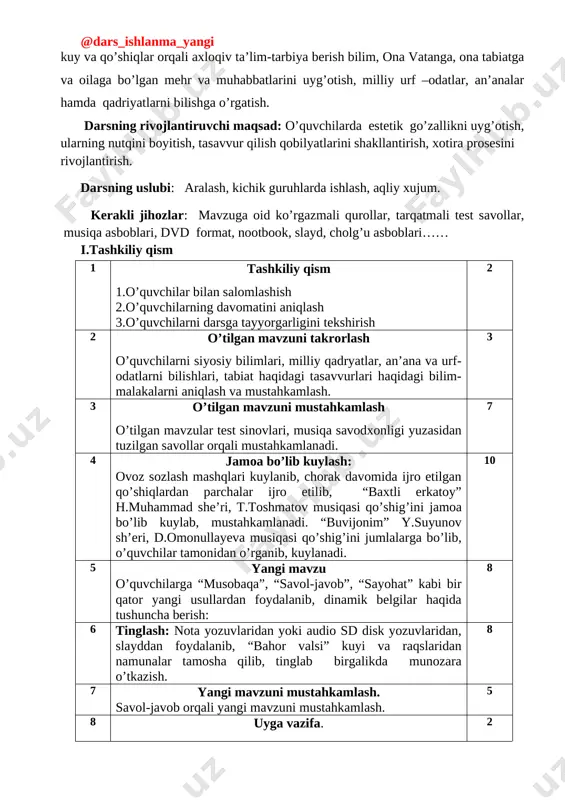 ’quvchi: mustaqil ishlashni o’rganadi. fikrini ravon bayon qila oladi. shu mavzuga asoslanib qo’shimcha materyallar topadi. ularni o’rganadi. fikri va guruh fikrini tahlil qilib, mustaqil fikrlash malakasini xosil qiladi. darsning ta’limiy maqsad: o’quvchilarga dinamik haqida bilim va malaka berish, ularni musiqa fanida o’rganishlari lozim bo’lgan bosqichlar haqida tushuncha berish, yangi mavzuni bilishga qiziqish va ishtiyoqlarini uyg’otish va tasavvurlarini boyitish. darsning tarbiyaviy maqsad: o’quvchilarda musiqa madaniyatini rivojlantirish, darsda tartib va qoidalarni amal qilishga o’rgatish, zamonaviy va milliy kuy va qo’shiqlar orqali axloqiv ta’lim-tarbiya berish bilim, ona vatanga, ona tabiatga va oilaga bo’lgan mehr va muhabbatlarini uyg’otish, milliy urf –odatlar, an’analar hamda qadriyatlarni bilishga o’rgatish. darsning rivojlantiruvchi maqsad: o’quvchilarda estetik go’zallikni uyg’otish, ularning nutqini boyitish, tasavvur qilish qobilyatlarini shakllantirish, xotira prosesini rivojlantirish. darsning uslubi: aralash, kichik guruhlarda ishlash, aqliy xujum. kerakli jihozlar: mavzuga oid ko’rgazmali qurollar, tarqatmali test savollar, musiqa asboblari, dvd format, nootbook, slayd, cholg’u asboblari…… 1 tashkiliy qism 1.o’quvchilar bilan salomlashish …