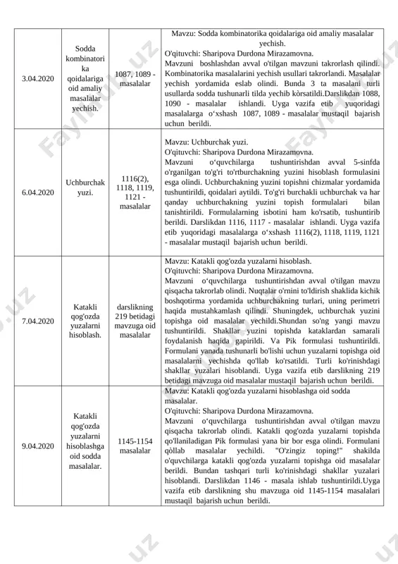 ildi. 2.04.2020 kombinatorika elementlari. 1072(2), 1076, 1079, 1081 - masalalar mavzu: kombinatorika elementlari. o'qituvchi: sharipova durdona mirazamovna. kombinatorika haqida va uning hayotda nima uchun kerakligi, biz kombinatorikani qaysi sohalarda uchratishimiz mumkinligi haqida atroflicha misollar keltirib tushuntirildi. kombinatorikada masalalarni yechish usullari sanab òtildi. shu usullar bilan bir nechta masalalar yechib kòrsatildi. darslikdan 1072- masalaning ikki holini ko'rib chiqildi. uyga vazifa etib yuqoridagi masalalarga o‘xshash 1072(2), 1076, 1079, 1081 - masalalar mustaqil bajarish uchun berildi. 3.04.2020 sodda kombinatorika qoidalariga oid amaliy masalalar yechish. 1087, 1089 - masalalar mavzu: sodda kombinatorika qoidalariga oid amaliy masalalar yechish. o'qituvchi: sharipova durdona mirazamovna. mavzuni boshlashdan avval o'tilgan mavzuni takrorlash qilindi. kombinatorika masalalarini yechish usullari takrorlandi. masalalar yechish yordamida eslab olindi. bunda 3 ta masalani turli usullarda sodda tushunarli tilda yechib kòrsatildi.darslikdan 1088, 1090 - masalalar ishlandi. uyga vazifa etib yuqoridagi masalalarga o‘xshash 1087, 1089 - masalalar mustaqil bajarish uchun berildi. 6.04.2020 uchburchak yuzi. 1116(2), 1118, 1119, …