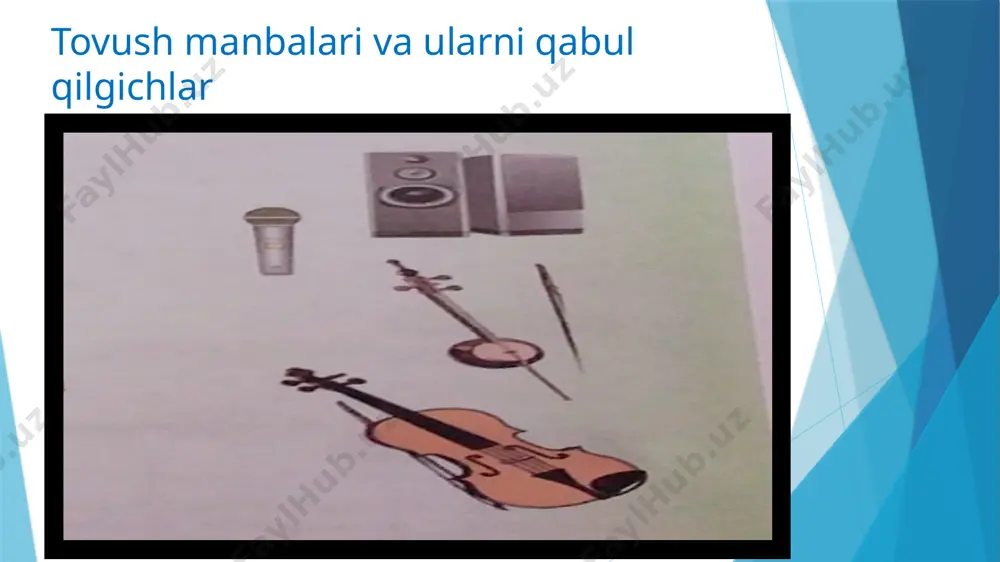 devor linolenium (0.5 cm qalinlikda) devorga qoqilgan faner deraza oynasi devorga osilgan gilam shishadan yasalgan paxta qatlami (9 cm) 0,03 0,02 0,03 0,06 0,03 0,21 0,51 memorchilikda tovush. binolar loyihalashda ham tovush tarqalishiga e’tibor beriladi. shu sohani o’rganadigan fan bo’limi me’morchilik akustikasi deb ataladi.yaxshi loyihalangan teatr zallarida, sahnada pichirlab aytilgan tovush zalning istalgan joyida eshitiladi.bu binoning shipiga qaralsa, uning shakli ichi bo’sh tuxum po’chog’iga o’xshab qurilgan bo’ladi. shunda sahnadan chiqqan tovush unga urilib, zalning istalgan joyiga bir xil masofani o’tib boradi. bunday zallarning tomoshabin o’tiradigan, yuradigan hamma joylariga ular tomonidan chiqadigan shovqinlarni yutuvchi materiallar qoplanadi. e’tiboringiz uchun raxmat. image1.jpg image2.jpg image3.jpg media1.mp3 (allegro) 3. blues 201.20692 image4.png