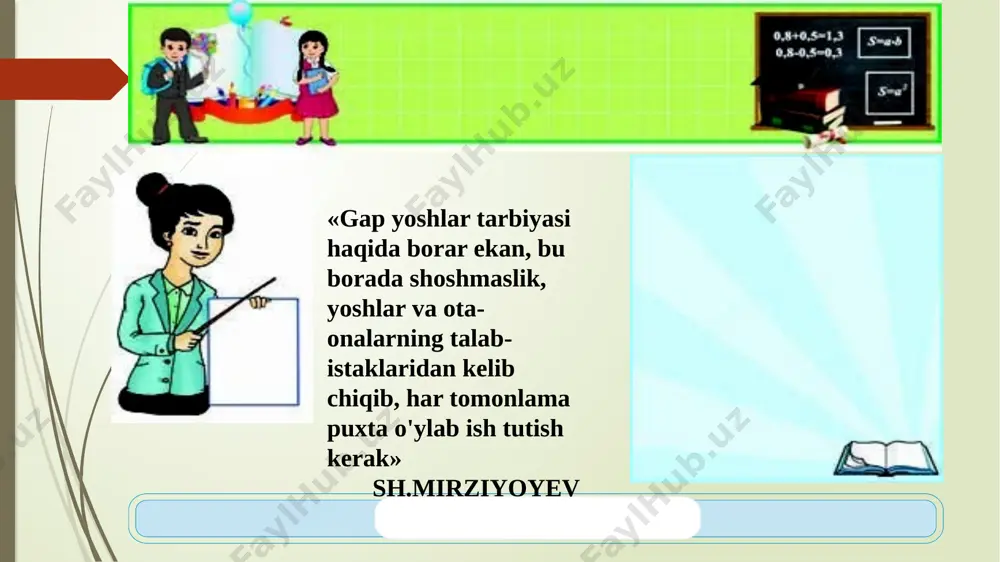 amiz yangi mavzu bayoni proporsiyaning chetki hadlari ko`paytmasi uning o`rta hadlar ko`paytmasiga teng .bu xossa proporsiyaning asosiy xossasi deyiladi. proporsiyaning bitta hadi noma`um bo`lishi mumkin.noma`lumni topish proporsiyani yechish deyiladi.masala: x:3=2,5:0,5 ; 0,5x=2,5∙3; x=2,5∙3:0,5 ; x=15 proporsiyani yechishda 3 ta miqdor berilib, to`rtinchi noma’lum miqdor topiladi. bu qoida “uch miqdor qoidasi” deb ham yuritiladi. proporsiyani yechishda “besh miqdor qoidasi” ham mavjud. 1.(abu rayhon beruniy masalasi.)agar 10 dirham (pul birligi) 2 oyda 5 dirham foyda keltirsa, 8 dirham 3 oyda qancha foyda keltiradi? yechish:masalani turli usullarda yechish mumkin. ulardan eng qulay usuli proporsiya tuzib yechish usulidir. 1) 8 dirham 3 oyda x dirham foyda keltiradi deylik. masalani qisqa shartini shunday tuzamizki dirhamga dirham, oyga oy, foydaga foyda mos qilib yozilganiga e’tibor beramiz: 10 dirham----2 oy---5 dirham foyda 8 dirham---- 3 oy---x dirham foyda? 2)proporsiya tuzamiz: 20x=5∙24 20x=120 x=120:20 x=6 javob: 6 dirham foyda. besh miqdor masalasi 214-masala. (i. nyuton masalasi) bir xattot …