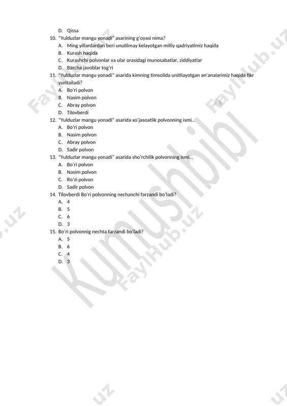 chilik polvonning ismi… a. bo’ri polvon b. nasim polvon c. ro’zi polvon d. sadir polvon 14. tilovberdi bo’ri polvonning nechanchi farzandi bo’ladi? a. 4 b. 5 c. 6 d. 3 15. bo’ri polvonnig nechta farzandi bo’ladi? a. 5 b. 6 c. 4 d. 3