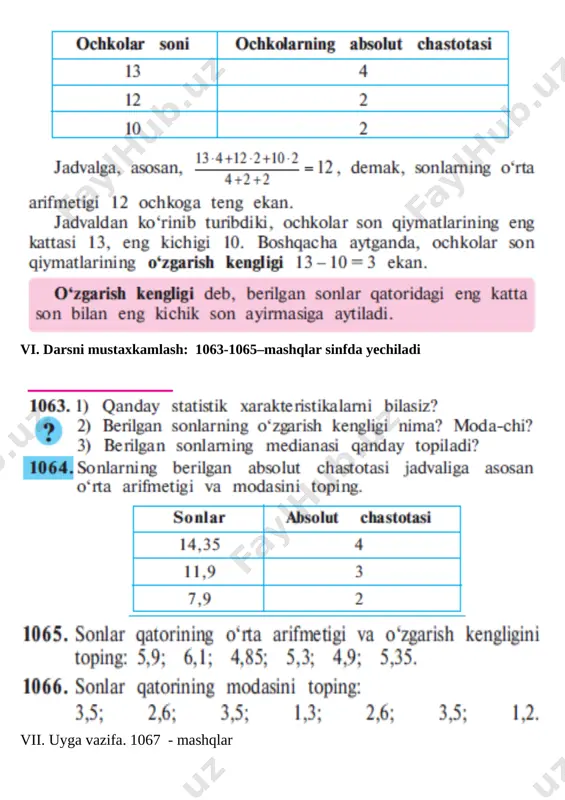 t olib bora oladi; fanga oid; hisoblash vositalari yordamida maksimum va minimum nuqtalarini, funksiyaning berilgan nuqtada taqribiy qiymatini topa oladi; parametrik yoki oshkor ko‘rinishda berilgan sodda funksiyalar grafiklariga urinma va normal to‘g‘ri chiziqlar tenglamalarni yoza oladi; iii. darsni jihozi. yozuv taxtasi, bo’r ,6-sinf matematika darsligi,ko’rgazmali qurollar,turli rangdagi kartochkalar iv. darsni metodi: amaliy mashg’ulot v. darsni borishi: [image: ] [image: ] vi. darsni mustaxkamlash: [image: ] [image: ] vii. uyga vazifa. 1063-1066-mashqlar ushbu dars ishlanmaning tuliq wordda qilingan varyantini olishni hohlasangiz unda tel 91 966 28 24 ga tel qiling 10 000 so’m image6.tmp image7.tmp image8.tmp image1.tmp image2.tmp image3.tmp image4.tmp image5.tmp