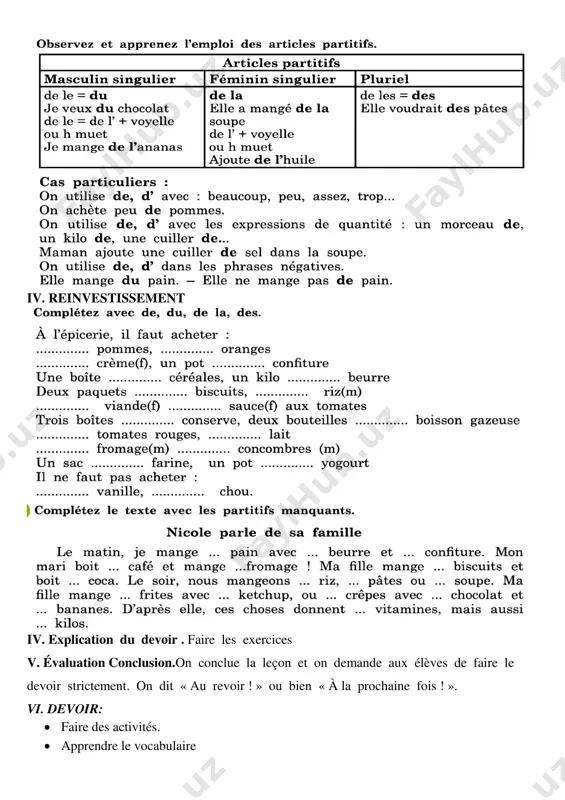 rogation du devoir  vérification des activités  poser des questions iii. objectivation iv. reinvestissement iv. explication du devoir . faire les exercices v. évaluation conclusion.on conclue la leçon et on demande aux élèves de faire le devoir strictement. on dit « au revoir ! » ou bien « à la prochaine fois ! ». vi. devoir:  faire des activités.  apprendre le vocabulaire  répondre aux questions o’tibdo’ ________ ___________________________________________________ fayl narxi: 10.000 so`m fransuz tili dars ishlanmasi sizga yoqdimi? fransuz tili dars ishlanmasini 3-chorak to`liq olishni istaysizmi? unda biz bilan bog`laning. ushbu dars ishlanmani namuna sifatida foydalana olasiz. biz bilan bog`laning va dars ishlanmani yuklab oling!!! bizda barcha sinf tayyor! biz bilan bog`lanish: telegram: @lider_admin telefon: +998(99)005-22-44 agar telefongan javob bera olmasak telegram orqali bog`laning. telegram orqali oson sotib oling