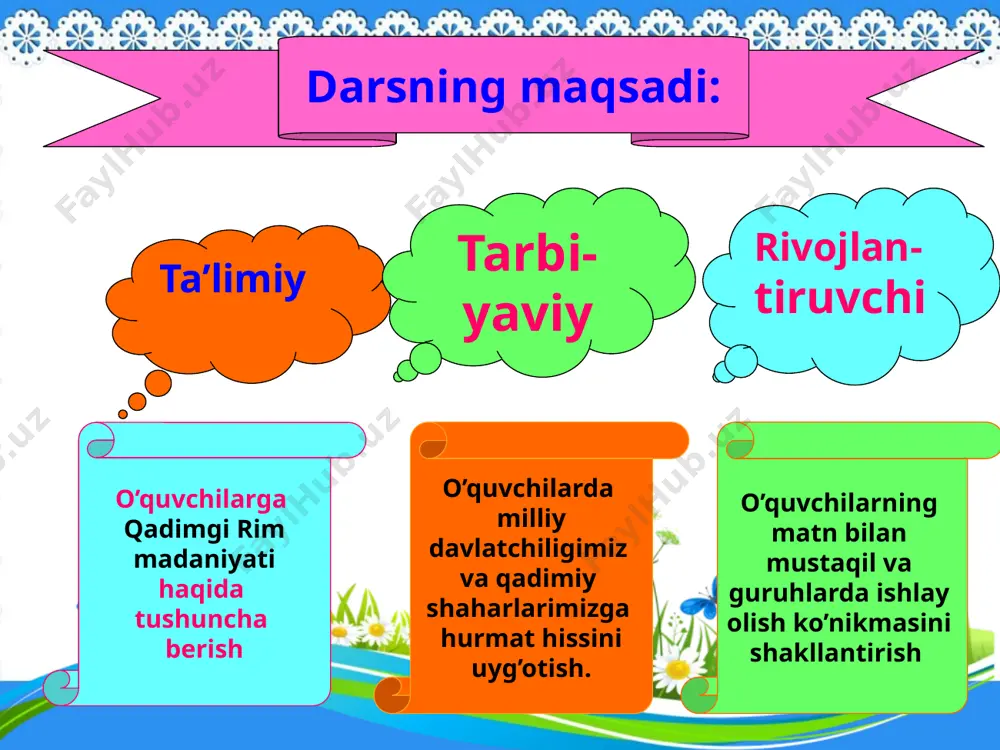 0-yil –? 452-yil –? 455-yil –? 476-yil –? dam olish daqiqasi yangi mavzu: qadimgi rim madaniyati reja: 1. rimliklarning turmush tarzi 2. ta’lim 3. me’morchilik va haykaltaroshlik 4. xristianlikning vujudga kelishi . qadimgi zamonlarda rimlikzodagonlar bo‘lmish patritsiylar bir qavatli oddiy uylarda yashardilar, xo‘jalikda qullar ham unchalik ko‘p emasdi. vaqt o‘tib rimliklar turmushida keskin o‘zgarishlar ro‘y berdi. badavlat ki shi lar yashaydigan tepaliklar bag‘rida tomosha bog‘lar va chorbog‘lar ko‘p, havosi esa pastlikdagi joylardagiga qaraganda ancha toza bo‘lgan. imperatorning yaqin kishilari muhtasham koshonalarga egalik qilar edilar. . oddiy rimliklar tepaliklar o‘rtasidagi tekis joylarda yashagan. bu yerlarda ko‘chalar tor va ifl os bo‘lgan: axlatni to‘g‘ri ko‘chaga tashlashgan. ustiga-ustak rim aholisi soni ham muntazam ortib bordi. chunki italiyaning to‘rt tomonidan xonavayron bo‘lgan dehqonlar poytaxtga ko‘chib kelardilar. rimlik imperatorlar poytaxt aholisi uchun «termalar» deb atalgan ko‘rkam hammomlar qurdirgan edilar (yunoncha «termos», «issiq » so‘zidan kelib chiqqan). arzimas to‘lov evaziga har bir rimlik termalarga tushish imkoniyatiga …