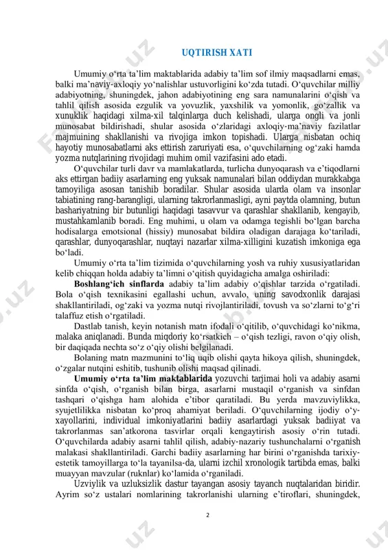doriy ko‘rsatkich – o‘qish tezligi, ravon o‘qiy olish, bir daqiqada nechta so‘z o‘qiy olishi belgilanadi. bolaning matn mazmunini to‘liq uqib olishi qayta hikoya qilish, shuningdek, o‘zgalar nutqini eshitib, tushunib olishi maqsad qilinadi. umumiy o‘rta ta’lim maktablarida yozuvchi tarjimai holi va adabiy asarni sinfda o‘qish, o‘rganish bilan birga, asarlarni mustaqil o‘rganish va sinfdan tashqari o‘qishga ham alohida e’tibor qaratiladi. bu yerda mavzuviylikka, syujetlilikka nisbatan ko‘proq ahamiyat beriladi. o‘quvchilarning ijodiy o‘y- xayollarini, individual imkoniyatlarini badiiy asarlardagi yuksak badiiyat va takrorlanmas san’atkorona tasvirlar orqali kengaytirish asosiy o‘rin tutadi. o‘quvchilarda adabiy asarni tahlil qilish, adabiy-nazariy tushunchalarni o‘rganish malakasi shakllantiriladi. garchi badiiy asarlarning har birini o‘rganishda tarixiy- estetik tamoyillarga to‘la tayanilsa-da, ularni izchil xronologik tartibda emas, balki muayyan mavzular (ruknlar) ko‘lamida o‘rganiladi. uzviylik va uzluksizlik dastur tayangan asosiy tayanch nuqtalaridan biridir. ayrim so‘z ustalari nomlarining takrorlanishi ularning e’tiroflari, shuningdek, 3 asarlaridagi yuksak badiiy-estetik g‘oyalarning san’atkorona ifodalariga bog‘liqligini alohida ta’kidlash joiz. albatta, buncha katta davrdagi adabiy …