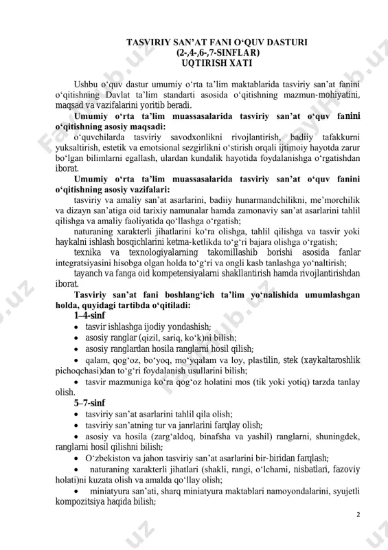 arqlay olish;  asosiy va hosila (zarg‘aldoq, binafsha va yashil) ranglarni, shuningdek, ranglarni hosil qilishni bilish;  o‘zbekiston va jahon tasviriy san’at asarlarini bir-biridan farqlash;  naturaning xarakterli jihatlari (shakli, rangi, o‘lchami, nisbatlari, fazoviy holati)ni kuzata olish va amalda qo‘llay olish;  miniatyura san’ati, sharq miniatyura maktablari namoyondalarini, syujetli kompozitsiya haqida bilish; 3  amaliy bezak san’atida ramziy belgilar, dizayn san’ati, me’morlik, kitobat san’atini o‘rganish. har bir dars xavfsizlik texnikasi qoidalari va sanitariya-gigiyena talablariga rioya qilgan holda tashkil etiladi. o‘zbekiston respublikasida ta’limning uzluksizligi, uzviyligi, o‘quvchi shaxsi va qiziqishlari ustuvorligidan kelib chiqib, ularning yoshi, psixo-fiziologik xususiyatlariga mos ravishda tayanch kompetensiyalar shakllantiriladi. o‘quvchilarda shakllantiriladigan tayanch kompetensiyalarning elementlari: kommunikativ kompetensiya: a1 tasviriy san’at faniga oid atamalarni muloqot jarayonida qo‘llay olish; mavzu bo‘yicha savollar berish hamda savollarga javob berish; muloqotda muomala odobiga rioya qilish, suhbatdoshining fikrini tinglay olish, o‘z fikrini tushuntira bilish; maktabda, ko‘chada, uydagi turli vaziyatlarda o‘zini tuta olish; muloqotga kirishishda muomala madaniyatiga …