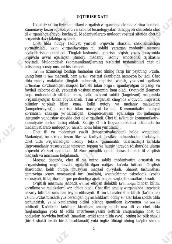 son fikri va faoliyati hosilasi tushunshasini ifodalaydi. chet tilda o‘rganiladigan lisoniy (leksik, grammatik, talaffuzdagi) birlikda lingvomadaniy xususiyatlar tajassum topgan va nutqiy jarayon (diskurs)da ularga o‘quvchi e’tibori qaratiladi. mazkur metodik qoida doirasida chet til o‘qitish maqsadi va mazmuni belgilanadi. maqsad deganda, chet til va uning sohibi madaniyatini o‘rgatish va o‘rganishning ongli tarzda rejalashtirilgan natijasi ko‘zda tutiladi. o‘qitish sharoitidan kelib chiqib, muayyan maqsad qo‘yiladi. sharoit tushunshasi qamroviga o‘quv muassasasi turi (maktab), o‘quvchining psixologik (yosh) xususiyati, til tajribasi, o‘quv predmetiga ajratiladigan vaqt (dars soatlari) kiradi. o‘qitish mazmuni jahonda e’tirof etilgan didaktik ta’limotga binoan bilim, ko‘nikma va malakalarni o‘z ichiga oladi. chet tilni amaliy o‘rganishda lingvistik nazariy bilimlar umuman bayon etilmaydi. bilim til materialini bilish (ko‘nikma) va uni o‘zlashtirishda yuz beradigan qiyinchiliklarni oddiy so‘zlar bilan sodda tilda tuchuntirish, ya’ni xatolarning oldini olishga qaratilgan ko‘rsatma ma’nosini bildiradi. ko‘nikma tarkibiga kiradigan amaliy qoida ona tili va chet tilda farqlanadigan yoki til ichki interferensiyasini keltirib chiqaradigan chet …