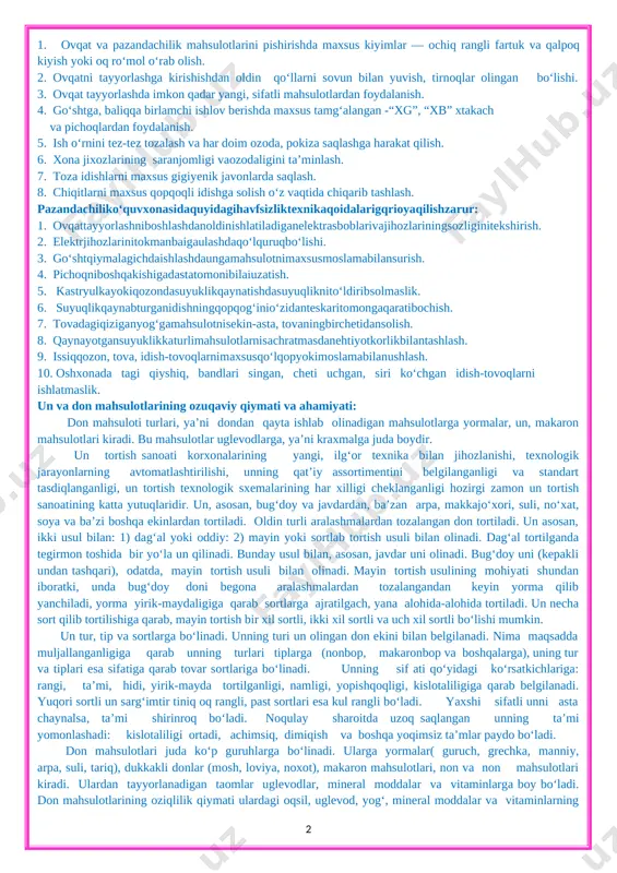 umumta’lim maktablaridao‘qitiladigan barcha fanlar uchun maxsus jihozlangan xonalar va ularning moddiy ta’minoti zamonaviy talablarga javob berishi zarur. mehnat ta’limining pazandachilik asoslari bo‘limini o‘qitish uchun ham xonalar kerakli asbob-anjomlar bilan etarli darajada ta’minlanishi dars mashg‘ulotlarini yuqori darajadaolib borilishigaolib keladi. pazandachilik xonasi nazariy vaamaliy mashg‘ulotlar uchun alohida-alohida bo‘lgani ma’qul. amaliy mashg‘ulotlar xonasiga yorug‘lik yaxshi tushadigan, hid va bug‘lardan tozalash uchun maxsus shamollatgich moslamalar o‘rnatilgan bo‘lishi kerak. uning devorlari kafel bilan qoplangan bo‘lib, qo‘l yuvish uchun vaoshxona idish-tovoqlarini yuvish uchun alohida chanog‘i bo‘lishi zarur. oshxona jihozlarini saqlash uchun mebellar maxsulotlarga ishlov berish vatayyorlangan taomlarni bezash uchun stollar bo‘lishi hamda maxsulotlarga issiqlik ishlovi berish uchun elektr plita va duxovkalar yong‘inni oldini olish va elektr xavfsizligi qoidalariga muvofiq o‘rnatilishi lozim. pazandachilik xonasida quyidagi sanitariya-gigiyena qoidalariga rioya qilish lozim: 1. ovqat va pazandachilik mahsulotlarini pishirishda maxsus kiyimlar — ochiq rangli fartuk va qalpoq kiyish yoki oq ro‘mol o‘rab olish. 2. ovqatni tayyorlashga kirishishdan oldin qo‘llarni sovun …