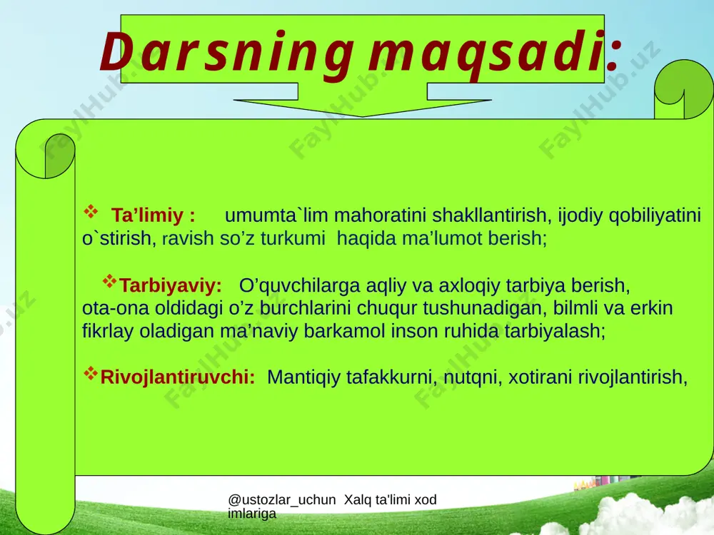 an, tezroq, bugun, hozircha, qisqacha. o’quvchilar bu so’zlar ishtirokida gaplar tuzib, so’ng o’qib beradilar. qanday so’roqqa javob bo’layotganini aniqlaydilar va ularni fe’lga bog’langanini ko’rsatib o’tadilar bugun darsda kim navbatchi? qani navbatchini axborotini eshitamiz @ustozlar_uchun xalq ta'limi xodimlariga yangi mavzu bayoni @ustozlar_uchun xalq ta'limi xodimlariga tezkor savollar berilgab savollarga javob bo’luvchi gap tuzing qanday? qachon? qancha? qanaqa? qaysi? ofarin bolalar! @ustozlar_uchun xalq ta'limi xodimlariga mavzuni mustahkamlash @ustozlar_uchun xalq ta'limi xodimlariga erta bahor daraxtlar kurtak ochadi. shaharda mashinalar tirbantligi uchun, men soat 14-00 da keldim. kim topqir. @ustozlar_uchun xalq ta'limi xodimlariga qachon? bugun qay holatda? kutilmaganda qayerda? shu yerda qanday? asta qancha? ancha berilgan so’zlar ishtirok etgan gap tuza olmadim. sizlar yordam beringlar. @ustozlar_uchun xalq ta'limi xodimlariga 14 “agar bu ulug’ zotni avliyo desak, u avliyolarning avliyosi, mutafakkir desak, mutafakkirlarning mutafakkiri, shoir desak, shoirlar sultonidir”. islom karimov. “yuksak ma’naviyat – yengilmas kuch". bobomiz alisher navoiy haqida matn yaratish . @ustozlar_uchun xalq ta'limi …
