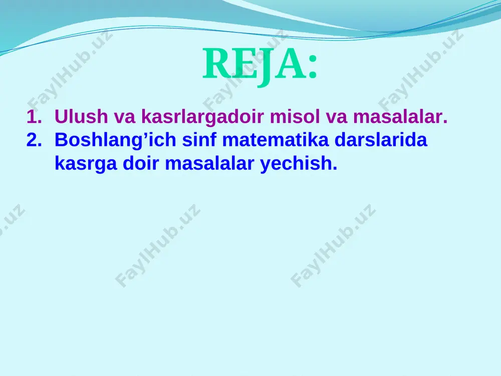 g bo’lgan kasrlardan: qaysi birining maxraji kichik bo’lsa, o’sha kasr katta bo’ladi; qaysi birining maxraji katta bo’lsa, o’sha kasr kichikdir. bo’sh joy o’rniga > yoki < belgilaridan mosini qo’ying: a) b) 1 metrning qismi necha santimetr? sonlarni kattasidan boshlab kamayish tartibida yozing: a) b) bir xil maxrajli kasrlarni qo’shish uchun: 1) ularning suratlariga qo’shiladi; 2) natija yig’indisining suratiga yoziladi; 3) berilgan maxraj yig’indining maxrajiga yoziladi. bir xil maxrajli kasrlarni ayirish uchun: 1) kamayuvchining suratidan ayiriluvchining surati ayiriladi; 2) natija ayirmaning suratiga yoziladi; 3) berilgan maxraj ayirmaning marajiga yoziladi. surati va maxraji o’zaro teng kasr 1 ga tengdir. bu – butun nechta teng bo’lakka bo’lingan bo’lsa, shu bo’laklarning hammasi olinganini bildiradi. 3-sinfda 4-sinfda kasrlarning hosil bo‘lishi, ularni taqqoslash, sonning ulushini topish va berilgan ulushiga ko‘ra sonning o‘zini topish bilan tanishadilar 1 ning ulushi va bir necha ulushi va uning yozma ko‘rinishi tasavvurlariga ega bo‘ladilar. kasr tushunchasi geometriyada kesma ulushi, miqdorlarning ulushi …