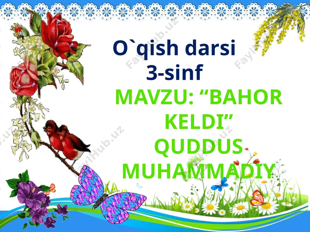 anar- chiroyli ko’rinishi hayot irmog’i- hayot yo’llari sinovga- vaqt bilimlar tekshiriladigan payt taxt- joying baxting seviklik- yaxshi ko’rmoq ko’rmoq yangi mavzuni mustahkamlash savol she’rning muallifi kim? she’r qaysi faslga atalgan? 1.bahor qachon kirib keladi. 2.8-mart qanday bayram 2.navro’z qanday bayram? 3.bahorda tabiatda qanday o’zgarishlar ro’y beradi. www.aim.uz darsni yakunlash o’quvchi larni baholash uyga vazifa: she’rni yodlash bu yashil olamga o’zing ber tuzim shaftoli gulidek yoritar yuzim oq bodom gulini o’pganing rostmi kelganing chinmi ayt qadim navro’zim………. 111111 e`tiboringiz uchun rahmat image3.wmf audio1.wav image4.gif image5.gif image6.jpeg image7.gif image8.gif image9.png image10.jpeg image11.jpeg image12.jpeg image13.jpeg image14.gif image15.gif image16.gif image17.gif image18.jpeg image19.gif image20.jpeg image21.jpeg image22.jpeg image23.jpeg image24.png image25.jpg image26.jpg image27.jpg image28.jpeg image29.jpeg image30.jpeg image31.jpeg image32.jpeg image33.jpeg image34.jpeg image35.gif image36.png image37.jpeg image38.png image39.jpeg image40.gif image41.gif image42.jpeg image43.jpeg image44.jpeg image1.jpeg image2.png