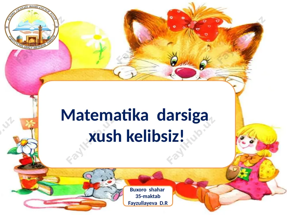 (a+b)=2 x (150 +250)=800(m) 800 m=800 m javob: gul ekilgan maydonning a tomoni 100 m ga qisartirilib, b tomoni 100 mga uzaytirilsa, perimetr o`zgarmaydi buxoro shahar 35-maktab fayzullayeva d.r barchangizga yangi tong muborak bo`lsin ! buxoro shahar 35-maktab fayzullayeva d.r barchangizga yangi tong muborak bo`lsin ! bugungi topshiriqlarni daftaringizga tartib bilan bajaring. buxoro shahar 35-maktab fayzullayeva d.r barchangizga yangi tong muborak bo`lsin ! keyingi darsimizgacha xayr, yaxshi dam oling. buxoro shahar 35-maktab fayzullayeva d.r image1.jpeg image2.jpeg image3.jpeg image4.jpeg image5.jpeg image6.jpeg image7.jpeg image8.jpeg image9.jpeg image10.jpeg image11.jpeg