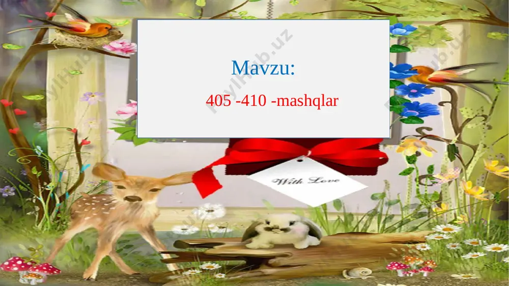 aho oldi ey maysalar, maysalar, sizdan olam yasanar 408 –mashq. o‘qing. fe’llarni aniqlang. qavs ichidagi nuqtalar o‘rniga fe’llarning so‘roqlarini qo‘ying. 1.ikrom kompyuterda ishlashni ( nima qildi?) o‘rgandi. 2. tikuvchi fabrikada ko‘ylak (nima qilyapti?) tikyapti. 3. maysalar ustiga shudring (nima qildi ?) tushdi.4. bulut orasidan quyosh (nima qildi?) ko‘rindi. 409 –mashq. nuqtalar o’rniga so‘roqlarga mos so‘zlarni qo‘yib, gaplarni yozing. chavandoz (nimaga?) mindi. 2. haydovchi (nimani?) yurgizdi. 3. ot (qayerdan?) yelib ketdi. mashinani otga qirdan yangi mavzuni mustahkamlash. “kamalak jilosi” mashqi o’quvchilar 3 ta guruhga bo’linadilar.ranglardagi so‘zlardan qatnashtirib matn hosil qiladilar. qaysi guruh birinchi va mazmunli matn tuzsa, o‘sha guruh g‘olib bo‘ladi. yoz mevalar quyosh keldi kuchli qizdirdi issiq uyga vazifa 410 -mashq image1.jpeg image2.jpeg image3.png image4.jpeg image5.jpeg image6.jpeg image7.jpeg image8.png image9.jpeg image10.jpeg image11.png image12.png image13.jpeg image14.png image15.png image16.jpeg