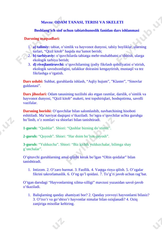 rni bog’lab, sanay boshlaydi: 5, 4, 3, 2, 1… ketdik. osmoni falakdan turib ona yer, uning tabiati kuzatiladi. tezkor savollar, topishmoqlar orqali yangi mavzu aniqlanadi. 1. tog’ etaklari nima deyiladi? (adir) 2. tog’ yo’li? (so’qmoq) 3. tog’ guli nima? (lola) 4. daraxtlar ko’p joy? (o’rmon) 5. tong darakchisi? (xo’roz) 6. kuchli shamol? (bo’ron) 7. qo’rqoq hayvon? (quyon) 8. mushukning avlodi? (yo’lbars) 9. doimo yashil daraxt? (archa) 10. asalxo’r hayvon? (ayiq) 11. davlat ramzlaridan biri? (bayroq) 12. usti tosh bilan qoplangan hayvon? (toshbaqa) 13. qanday idishni sira to’ldirib bo’lmaydi? (teshik) 14. dengiz ostida qanday tosh bo’lmaydi? (quruq) 15. nima hamma tilda ham gapiradi? (aks-sado) 16. qaysi daraxt gullamay meva tugadi? (anjir) 17. qaysi hasharot eng kam umr ko’radi? (kapalak) 18. ibn sino tug’ilgan qishloq nomi? (afshona) xalq maqollariga murojaat qilinadi. 1. sog’liq-oltindan qimmat. 2. sog’ bo’lay desang ozoda yur. 3. sog’liq-umrning garovi. 4. sihat tilasang ko’p yema, izzat tilasang ko’p dema. …
