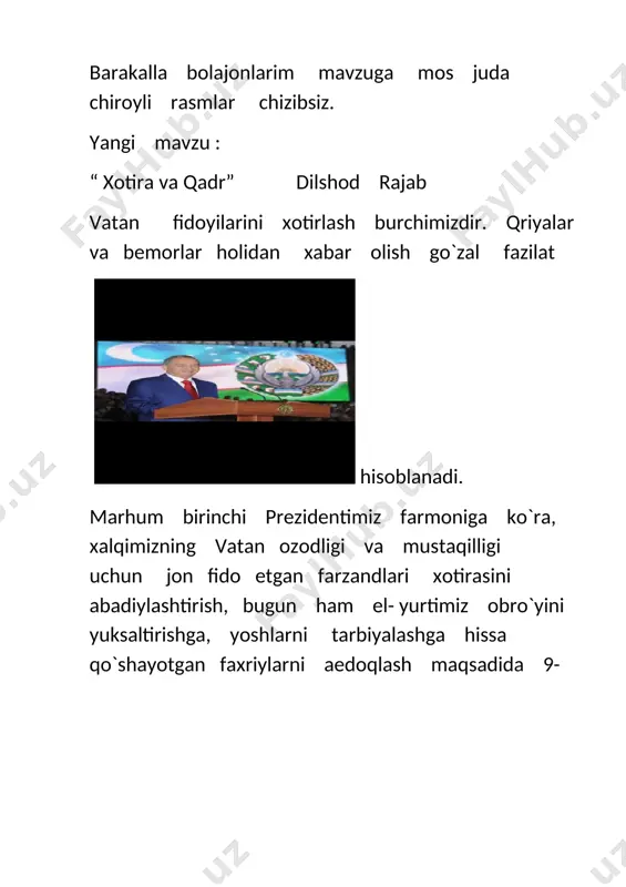 changizda, mahallangizda, qarindoshlaringizdan shunday faxriylar bo`lsa siz ham ularni ziyorat qiling. [image: img_20200501_042800_851] [bookmark: _goback] e’tiboringiz uchun rahmat image5.jpeg image1.jpeg image2.jpeg image3.jpeg image4.jpeg