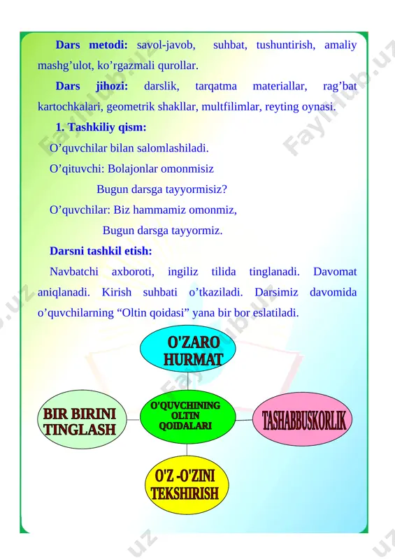 ? [image: image17.png][image: image18.png]- bizning vatanimiz o’zbekiston -o’zbekiston qachon mustaqil davlat deb e’lon qilindi? -ozbekiston 1991-yil 31- avgust kuni mustaqil davlat deb e’lon qilingan [image: image19.png] -o’zbekiston respublikasining davlat bayrog’i qachon tasdiqlangan? -o’zbekiston respublikasi davlat bayrog’i 1991-yil 18- noyabrda qabul qilingan. -o’zbekiston respublikasi davlat gerbi qachon tasdiqlangan? [image: image20.png][image: image21.png] -o’zbekiston respublikasi davlat gerbi 1992-yil 2-iyulda tasdiqlangan. - o`quvchilarni barkamol avlod bo`lib tarbiyalanishlari, jismonan yetuk bo`lishlari, yoshlar ma`naviyatini yuksaltirish, bo`sh vaqtlarini mazmunli tashkil etish bo`yicha 5 ta muhim tashabbus ishlab chiqildi. [image: image22.png][image: image23.png][image: image24.png][image: image25.png][image: image26.png][image: image27.png] o’quvchilar vatanimiz o’zbekiston haqida she’rlar aytadilar. aylayin qalbimni tortiq nurli bo‘stonim, senga, sen vatandirsan, fidodir tanda bu jonim senga. bebahosan, asragayman gavharim, deb men seni, sen qarog‘ bo‘lsang agarda, sadqa mujgonim senga. sendan ayru dam uzundir, lahzalar ham yilga teng, bir umrga lek barobardir kerak onim senga. har bir ahling bitta yulduz, kavkabistonim o‘zing, to hayotdirman, charog‘im, shu’layi shonim senga. yoru do‘stlar …