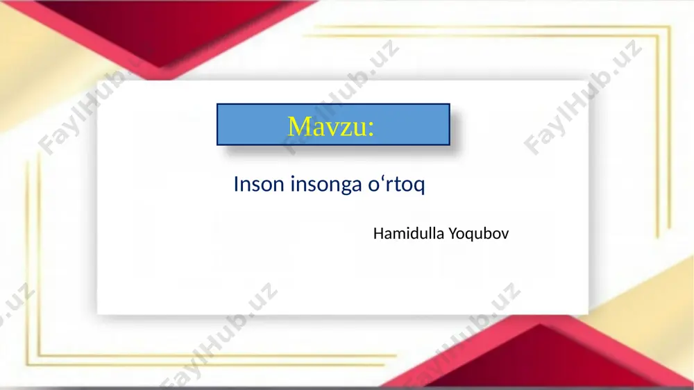 1.she’r nima haqida? a.qish haqida b. do’stlik haqida d. bahor haqida she’r muallifi kim? a. hamidulla yoqubov b. po‘lat mo‘min d.anvar obidjon yangi mavzuni mustahkamlash test topshirig‘i she’rda nima haqida gap boradi? a.do‘stlik b. hunar d.sabzavot yosh dehqon kim ? a.sarvi b.turob d. botir turobga kimlar yordamga keldi? a.botir ,sarvi b.savri, jasur d. savri, sotvoldi turob nima ekdi? a.kartoshka b.sabzi d.ko ‘k piyoz topishmoq qirq ko‘ylagi bor, bir tugmasi yo‘q. (piyoz) uyga vazifa she’rni yod oling . image1.jpeg image2.jpeg image3.jpeg image4.jpeg image5.jpeg image6.jpeg image7.png image8.jpeg image9.jpeg image10.jpeg image11.png image12.png image13.png image14.jpeg image15.png image16.jpeg