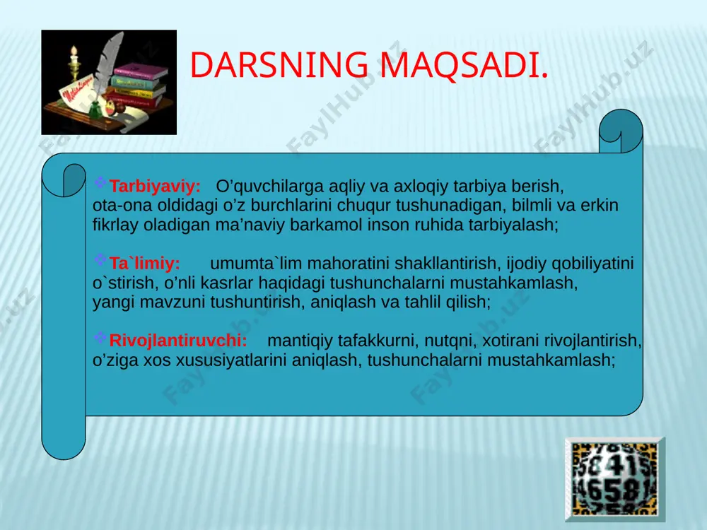 rak; 2bo’linmada chiqan sonni butun qismga yoziladi; 3) qoldik suratga yoziladi, bo’luvchi esa maxrajga yoziladi. yozuvida butun va kasr son qatnashgan son aralash kasr deyiladi. aralash kasrni noto’g’ri kasr ko’rinishida ifodalash mumkin. aralash sonni noto’g’ri kasr ko’rinishida yozish uchun: 1) butun sonni kasrning maxrajiga ko’paytiriladi; 2) hosil bo’lgan ko’paytmaga suratdagi son qo’shib, suratga yoziladi; 3) kasrning maxraji o’zgarishsiz yoziladi. to’ldiring kasrning surati va maxrajini bir xil songa ko’paytirilsa yoki (noldan boshqa songa) bo’linsa uning qiymati o’zgarmaydi kasrning asosiy xossasi . . : : kasrlani qisqartiring quyidagi kasrlarni maxraji 40 bo’lgan kasr ko’rinishida ifodalang maxraji bir xil kasrlarni qo’shish uchun, maxraj o’zi yozilib, suratlar qo’shiladi + = + = maxraji bir xil kasrlarni ayirish uchun, maxraj o’zi yozilib, suratlar ayriladi kasrlar ustida amallarni bajaring. = + = = = + - - - - - - - - - - 12 polizning qanday qismiga sholg’om, qovoq va garmdorilar ekilgan ekilgan? 4 …