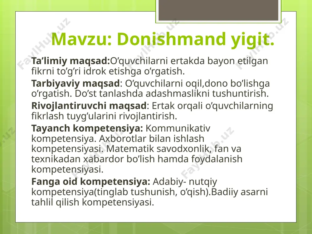 riflang dehqon to’g’ri so’z chin do’st halol rahmdil saxiy vijdonli yangi mavzu bayoni o‘tgan zamonda bir donishmand chol ya- shagan ekan. uning uch o‘g‘li bo‘lgan ekan. o‘g‘illari voyaga yetgach, chol ularga shunday debdi: bolalarim, men sizlarni hech narsadan kam qilmay o‘stirdim. endi otlaninglar, turli shahar- larga borib, qo‘rg‘on solib kelinglar! to‘ng‘ich o‘g‘il otasi topgan oltin-kumushlar- dan olibdi. farg‘ona vodiysining hamma sha- harlariga boribdi. u yerlarga bittadan kattakon uy solibdi. o‘rtancha o‘g‘il bo‘lsa, buxoro, samarqand tomonlarga borib, qo‘rg‘onlar qurdiribdi. kenja o‘g‘il oqil, dono ekan. u o‘ziga o‘zi: „dadam turli shaharlarda qo‘rg‘on solinglar, deyish bilan har bir shahardan do‘st, yor- birodar orttiringlar, demoqchi. men boshqa shaharlarga borib, uy solib yurmayman!“ - debdi-da, safarga chiqib ketibdi. u qayerga borsa, o‘sha yerda eng yaxshi, vafodor kishilar bilan do‘stlashibdi. u o‘z safari davomida o‘rtoqlari orasida mashhur bo‘lib ketibdi. u akalaridan avval uyiga qaytibdi. chol bir kuni: qani, kim qaysi shaharga qanday qo‘r- g‘on qurdi? yuringlar, …