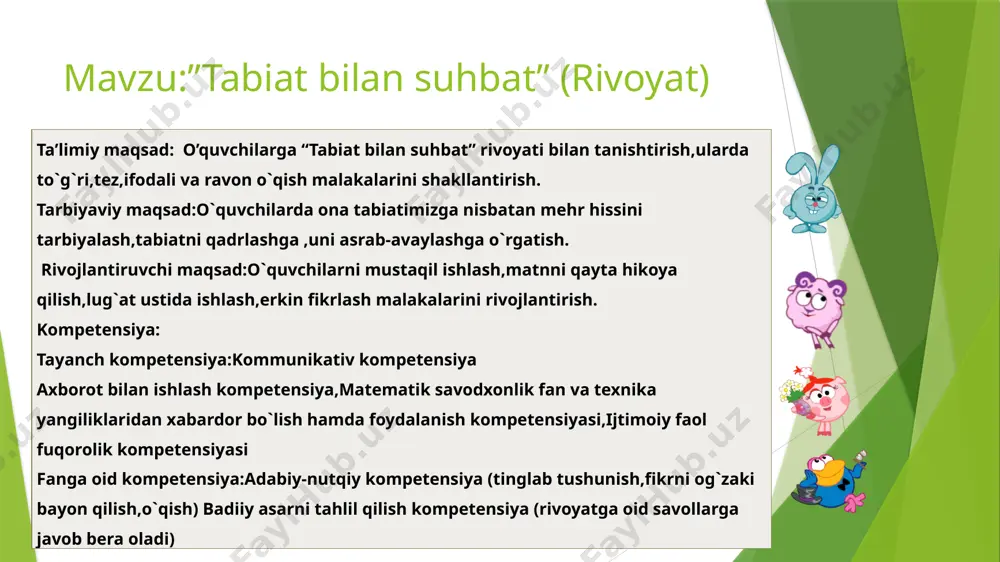 qilinadi. 20 daqiqa 4-bosqich yangi mavzuni mustahkamlash o’quvchilarni egallagan bilim, ko’nikma va malakalari savol –javob bilan aniqlanadi.o’quvchilar rag’batlantiriladi (o`quvchilarning har bir to`g`ri javoblarida rag`bat kartochkalari beriladi) 10 daqiqa 5-bosqich darsni yakunlash, o’quvchilarni baholash. baholarni e’lon qilish, va kundalik daftarga qo`yish 4 daqiqa 6-bosqich uyga vazifa uyga vazifani tushuntirish, o’quvchilar bilan xayrlashish. 1 daqiqa darsning borishi i. tashkiliy qism: o’qituvchi: salom aziz bolalar ! chiroyli gul lolalar esonmisiz ,omonmisiz bugun darsga tayyormisiz o`quvchilar : ha ,uztozjon omonmiz bugun darsga tayyormiz dars shiori: o`qib-uqib biz doim, komil inson bo`lamiz kelajakda albatta, yuksaklarga chiqamiz! o`qituvchi shiori :hozirgi zamon talablariga mos dars turlarini yaratish. maqsadimiz- bilim cho`qqilarini egallab ,iqtidor va este`dodimizni namoyon etib har sohada ilg`or fan tajribalarini puxta egallab, vatanimizga xizmat qiladigan insonlar bo`lib yetishishish. 1) bugun kim navbatchi “who is on duty today” 2) haftaning qaysi kuni “what day is it today” 3) bugungi sana “what date is it today” dars qoidasi …
