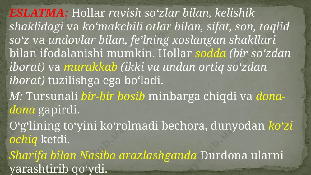 nday?, qanday qilib?, qanday ahvolda?, qay tarzda? kabi so‘roqlarga javob bo‘lgan hol ravish holi deyiladi. ravish (tarz) holi ravish, fe’l va ko‘makchili otlar bilan ifodalanadi. ravish holi kesimga bitishuv yo‘li bilan bog‘lanadi. demak, u ko‘pincha o‘zi ergashgan so‘zdan oldin keladi. m: u o‘ychan ko‘zlari bilan botirga qarab sekin gapirdi. yig‘lab-yig‘lab marza olsang, o‘ynab-o‘ynab sug‘orasan. eslatma: ko‘makchilar yordamida shakllangan vositali to‘ldiruvchilar bilan xuddi shu ko‘rinishda shakllangan ravish hollari savollariga qarab farqlanadi. m: paxta mashina bilan terildi. (nima bilan? to‘ldiruvchi). paxta havas bilan terildi. (qay tarzda? ravish holi) daraja – miqdor holi ish-harakatning miqdorini va darajasini bildirib, qancha?, nechta?, necha marta?, qay darajada? so‘roqlaridan biriga javob bo‘lgan hol daraja-miqdor holi deyiladi. daraja-miqdor hollari sonlar bilan, miqdor ravishlari bilan, marta so‘zi qatnashgan birikmalar bilan ifodalanadi. m: ko‘p so‘zlama, oz so‘zla, oz so‘zlasang ham, soz so‘zla. hozirgacha g‘o‘za uch marta chopiq qilindi. umringda necha marta asal yegansan? sabab holi ish harakatning sababini bildirib, nimaga?, …
