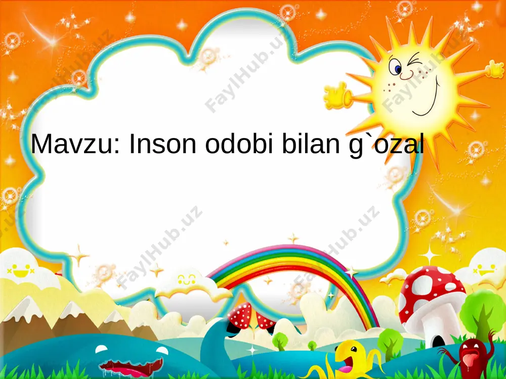 ing kattalarga yo`l bering kattalarga joy bering baland ovozda gaplashmang atrofni iflos qilmang birovni qo`lingiz bilan ko`rsatmang tupurmang og`zingizdagi ovqat bilan gapirmang birovni gapini bo`lmang. barchaga do`stona munosabatda bo`ling. ichimliklar va qo`lingizdagi ovqat bilan do`konga kirmang va transportga chiqmang aksa urganda, yo`talganda og`zingizni qo`lingiz bilan berkiting. o`zingiz bilan dastro`mol olib yuring. e’tiboringiz uchun rahmat doimo ochiq chehrali bo`ling image1.png image2.jpeg image3.jpeg image4.jpeg image5.jpeg image6.jpeg image7.jpeg image8.jpeg image9.jpeg image10.jpeg image11.jpeg image12.jpeg image13.jpeg image14.jpeg image15.jpeg image16.png