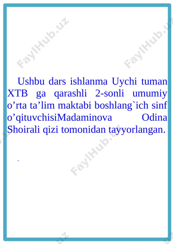 , cho‘p, qog‘oz va boshqa atrofdagi narsalarni olish mumkin. [image: c:\users\teacher-pc\appdata\local\microsoft\windows\temporary internet files\content.word\img_20191127_132212.jpg][image: c:\users\teacher-pc\desktop\screenshots\img_20191127_132011.jpg][image: c:\users\teacher-pc\desktop\screenshots\img_20191127_132343.jpg] olmani teng ikkiga bo‘lish, yordamida kasr hosil qilinadi. shunga mos olmani teng bo‘lmagan 2 bo‘lakka bo‘lib, u yarim olma emasligini, demak, kasrni hosil qilmaslikni tushintirish kerak. [image: c:\users\teacher-pc\desktop\screenshots\33.png] faqat teng bo‘lakka bo‘lgandagina kasr son yoki butunning ulushi hosil bo‘ladi. turli xil geometrik shakllar bilan ishlayotganda bu shakl yordamida ulushlarni hosil qiladilar, hamda uning ba’zi xossalarini keltirib chiqaradilar. masalan, kvadratni teng 4 bo‘lakka bo‘lishda, uni ikkita yo‘l bilan bo‘lib, burchaklarining o‘zaro tengligiga, hamda tomonlarining ham o‘zaro engligiga asoslanib, shuningdek, kvadrat simmetriyasi haqida tasavvurlarga ega bo‘ladilar. mavzuni mustahkamlash uchun test : 1. 40 sonining ikkidan bir qismini toping. 1) 80 2) 20 3) 44 2. 60 sonining uchdan bir qismini toping. 1) 30 2) 10 3)20 3. kitob 60 bet. uning qismi nechchiga teng? 1)30 2)15 3)20 4. kvadratning qanday qismi shtrixlangan? 1) 2) 2) 5. metrning …