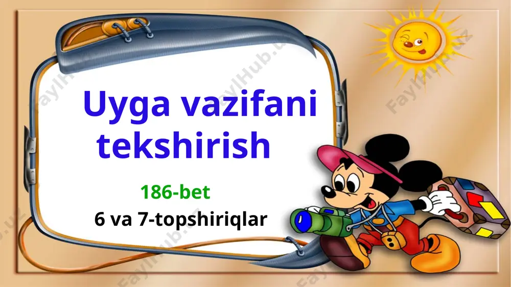 artirib, to‘g‘ri tenglik hosil qiling. 5-masala. ikkita cho‘pni joyini o‘zgartirib, to‘g‘ri tenglik hosil qiling. 5-masala. ikkita cho‘pni joyini o‘zgartirib, to‘g‘ri tenglik hosil qiling. uyga vazifa 187-bet 6 va 7-topshiriqlar 6-misol. tenglamalarni yeching va javoblarini tekshiring. 5 ∙ x = 250 x ∙ 7 = 420 x ∙ 6 = 6720 9 ∙ x = 8199 8 ∙ x = 9032 x ∙ 9 = 6948 5 ∙ x = 250 x = 250:5 x = 50 tekshirish: 5 ∙ 50 = 250 250 = 250 7-masala. korxonada 2 kunda 1424 ta o‘yinchoq tayyor- landi. har kuni bir xilda tayyorlansa, 3 kunda nechta o‘yinchoq tayyorlanadi? aziz quvchilar uyga vazifalarni o‘z vaqtida bajarishni unutmang! image1.jpeg image2.png image3.jpeg image4.png image5.png image6.png image7.png image8.png image9.png image10.jpeg image11.png image12.png image13.png image14.png image15.png image16.jpeg image17.png image18.png image19.png image20.png